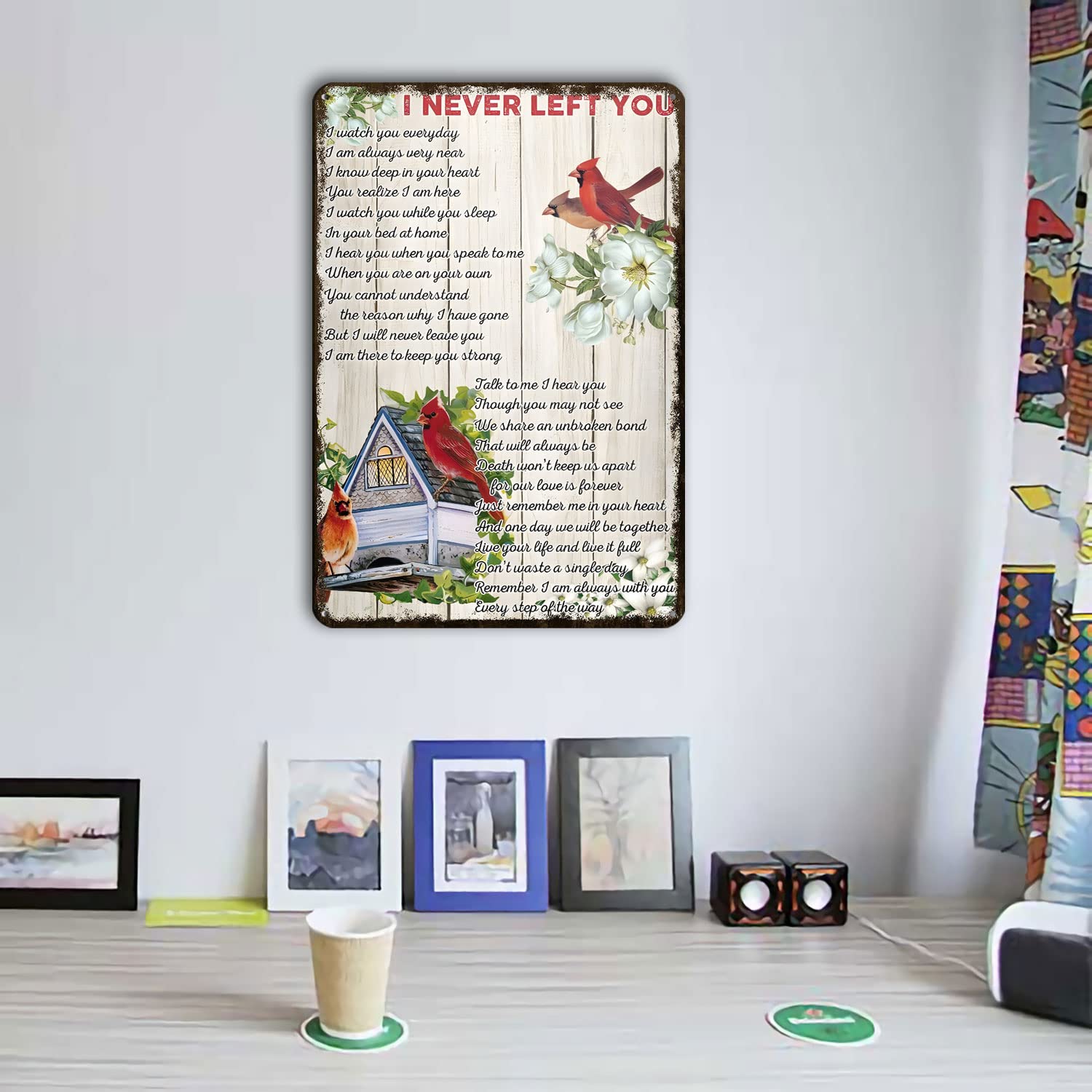Targa in alluminio per casa, cucina, bar, 30 x 20 cm, motivo: Cardinal Bird I Never Left You Every Step of The Way I Never Left You I Watch You Everyday, vintage