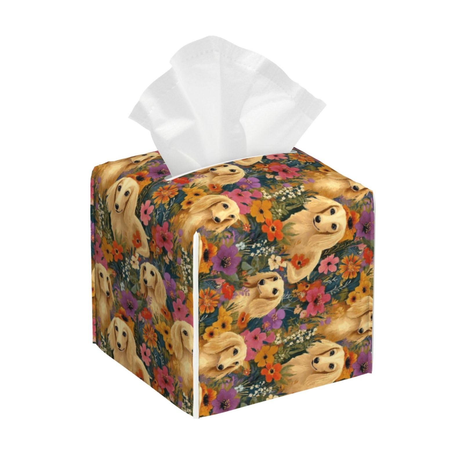 Cute Dog Flowers Print Tissue Box Cover Holder Square, Foldable Modern Cube Tissue Box Cover, Leather Decorative Organizer for Tabletop Bathroom Car Office Desk Decor