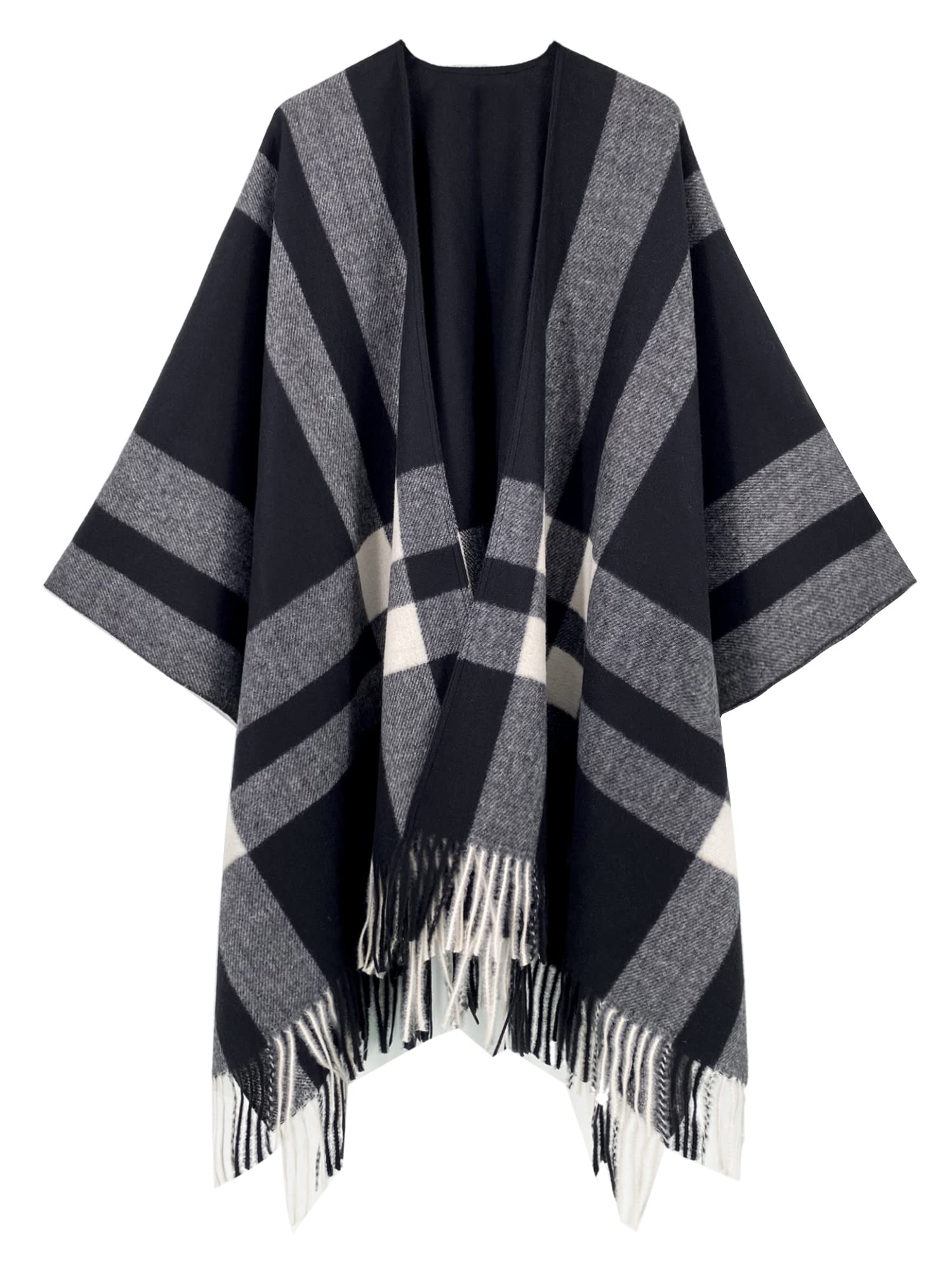 Hikaro Women's Black White Shawl Wrap Open Front Poncho Cape Plaid Tassel Blanket Cardigans Coat For Spring Fall Winter
