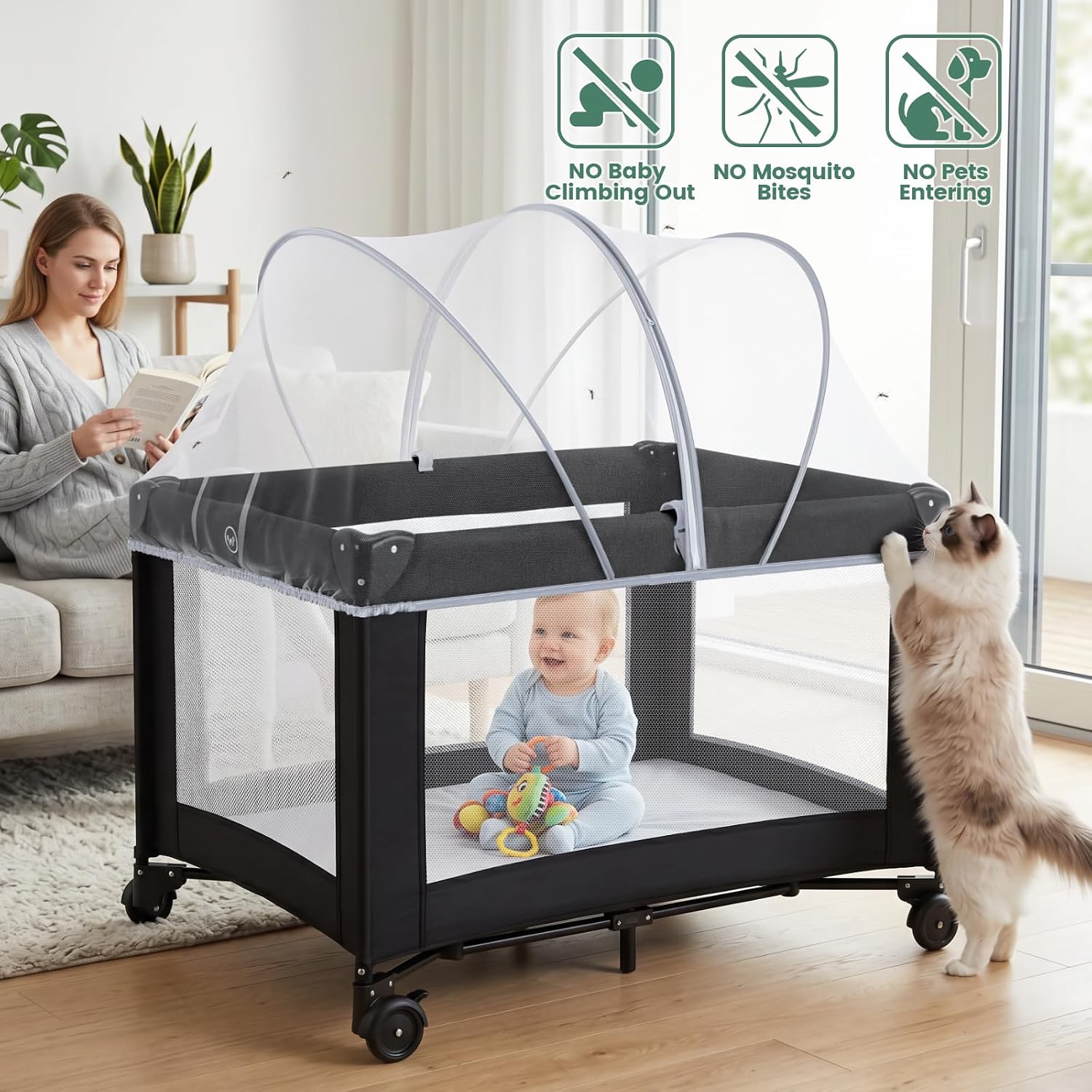 Orzbow Pack N Play Cover Tent | Mosquito Net for Pack and Play, Travel Crib, and Playpen, Bassinet Cover for Cats with 2-Way Zipper, Breathable Baby Mosquito Netting | Portable Crib Canopy Tent, White