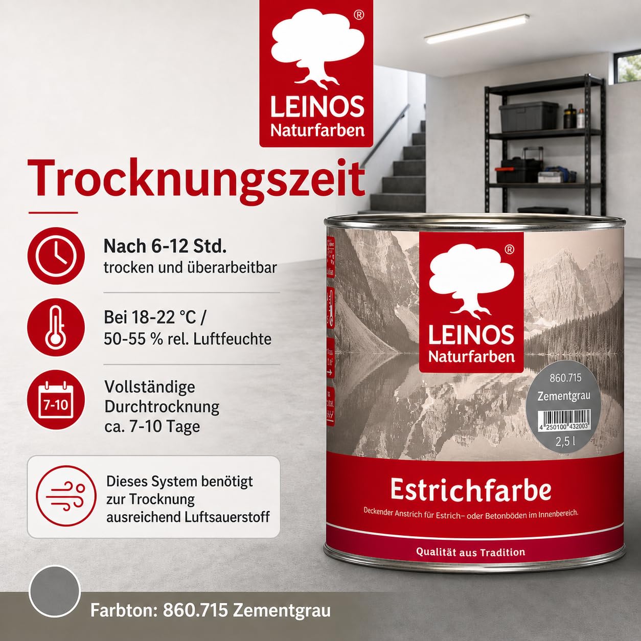 Leinos Naturfarben Estrichfarbe 860 | 2,5 Liter | für innen | Schutz & Farbgebung für offenporige Estrich- & Betonflächen | abriebfest, wasserabweisend | Anthrazitgrau (2,5 Liter Zementgrau)