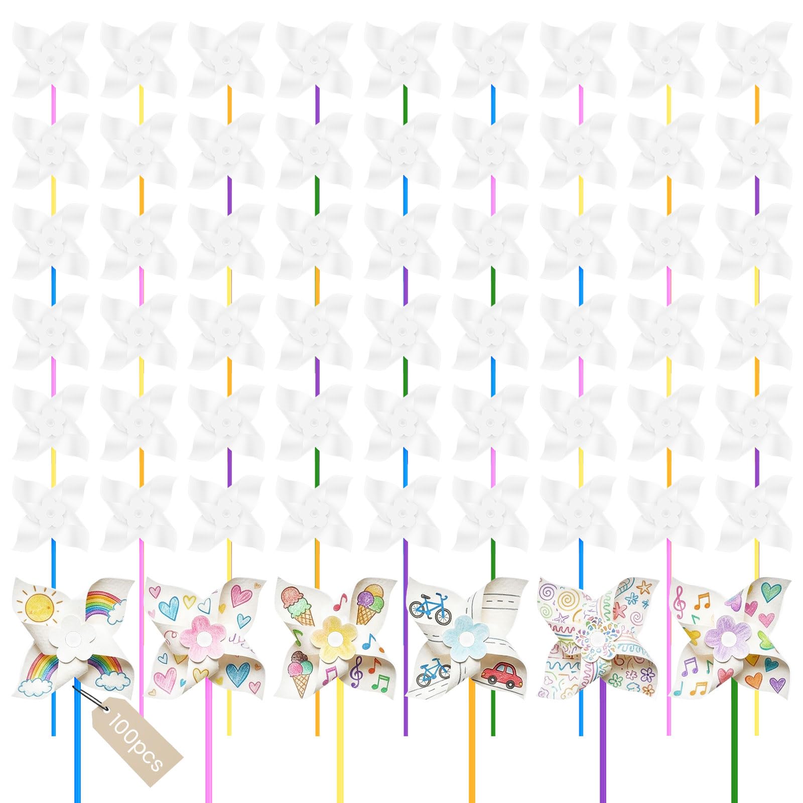 Gatphy 100Pcs DIY Pinwheel Kit Blank Paper Pinwheels Craft Kit with Sticks Clips Flowers Inserts Color Your Own Windmill Bulk Summer Spring Easter Craft Set for Party Classroom Activity Decoration