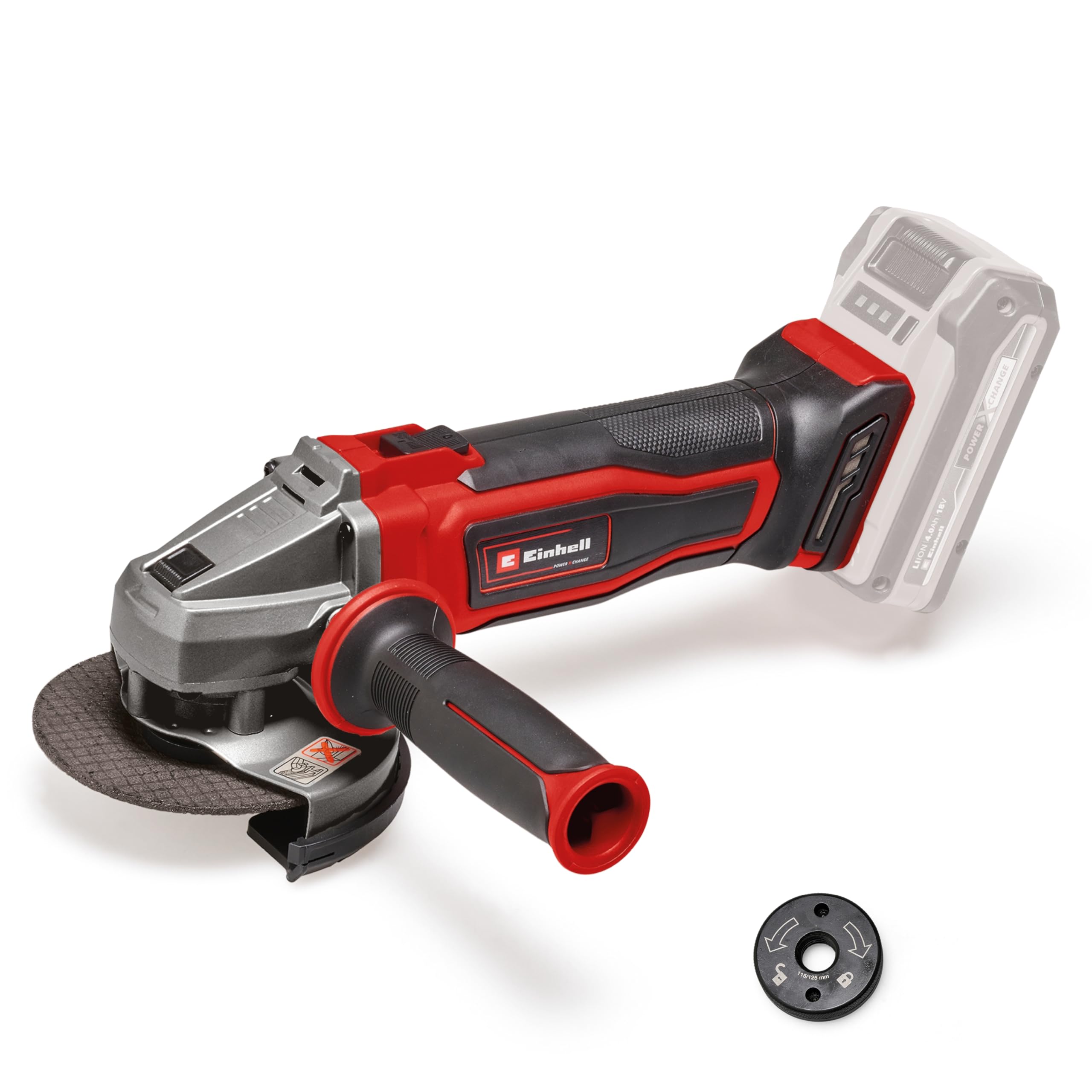 Einhell Smerigliatrice angolare a batteria TE-AG 18/115 Q Li-Solo Power X-Change (18 V, 115 mm di diametro, profondità di taglio 28 mm, scanalatura Quick Fix senza disco da taglio, senza batteria)