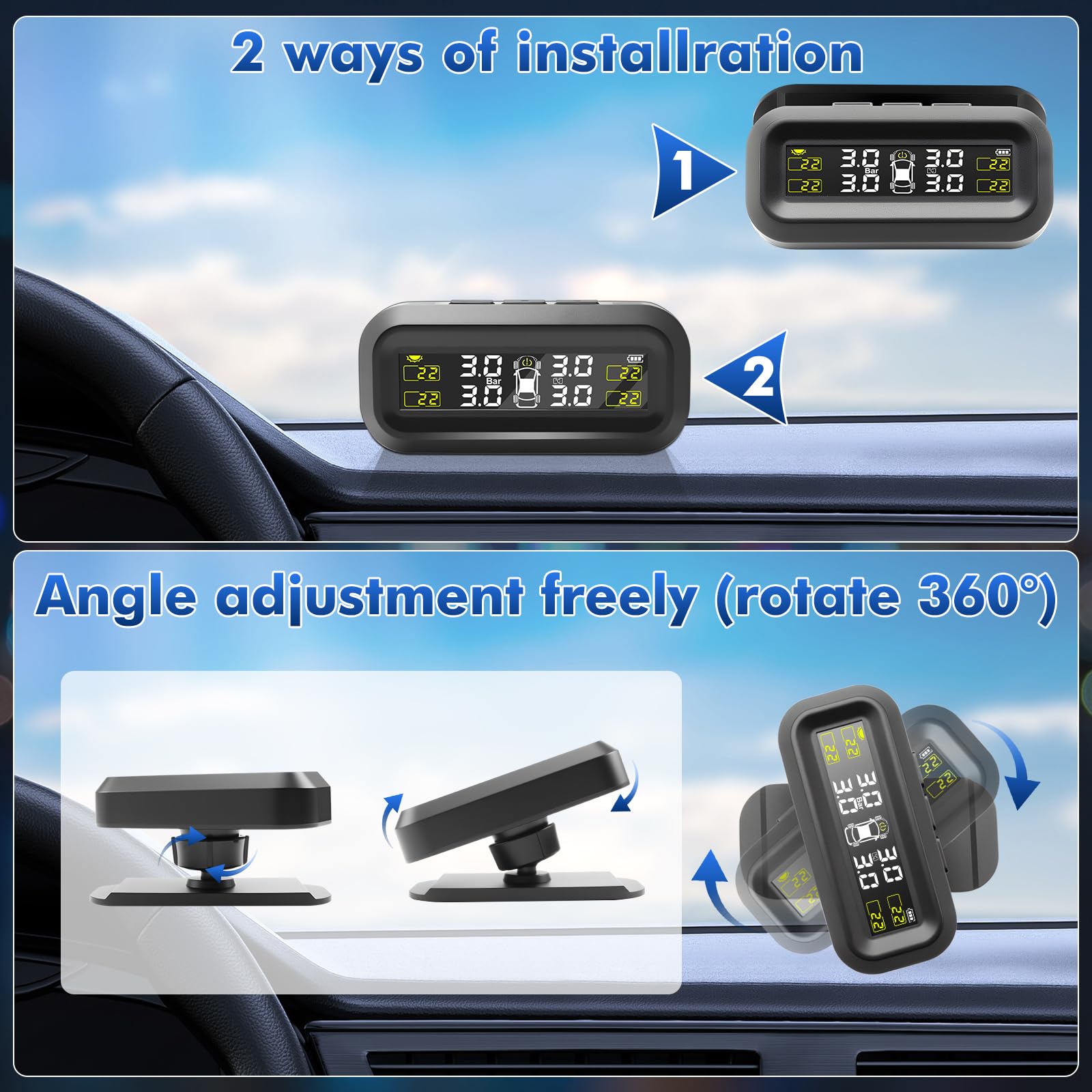 0-3.5Bar Sistema di Monitoraggio della Pressione dei Pneumatici TPMS Wireless Solar, con Ricarica USB, 4 Gomme Sensori Esterni 5 Modalità di Allarme per Auto Car SUV