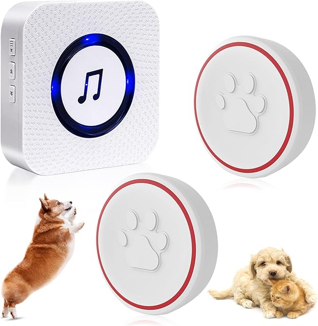 ChunHee Dog Door Bell - Doggie Doorbell Puppy Training - Dog Bells Toilet Training Smart Buttons Dog Clicker Operating at 500Feet with 55 Melodies 5 Volume Levels LED Light Flash 1Receiver 2 Bells