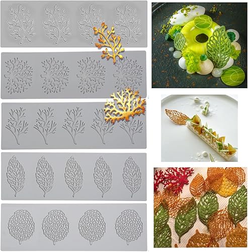 5 moldes de hojas de silicona para hornear, moldes de fondant, moldes de silicona para tartas de encaje de hojas de coral 3D huecos para hornear,