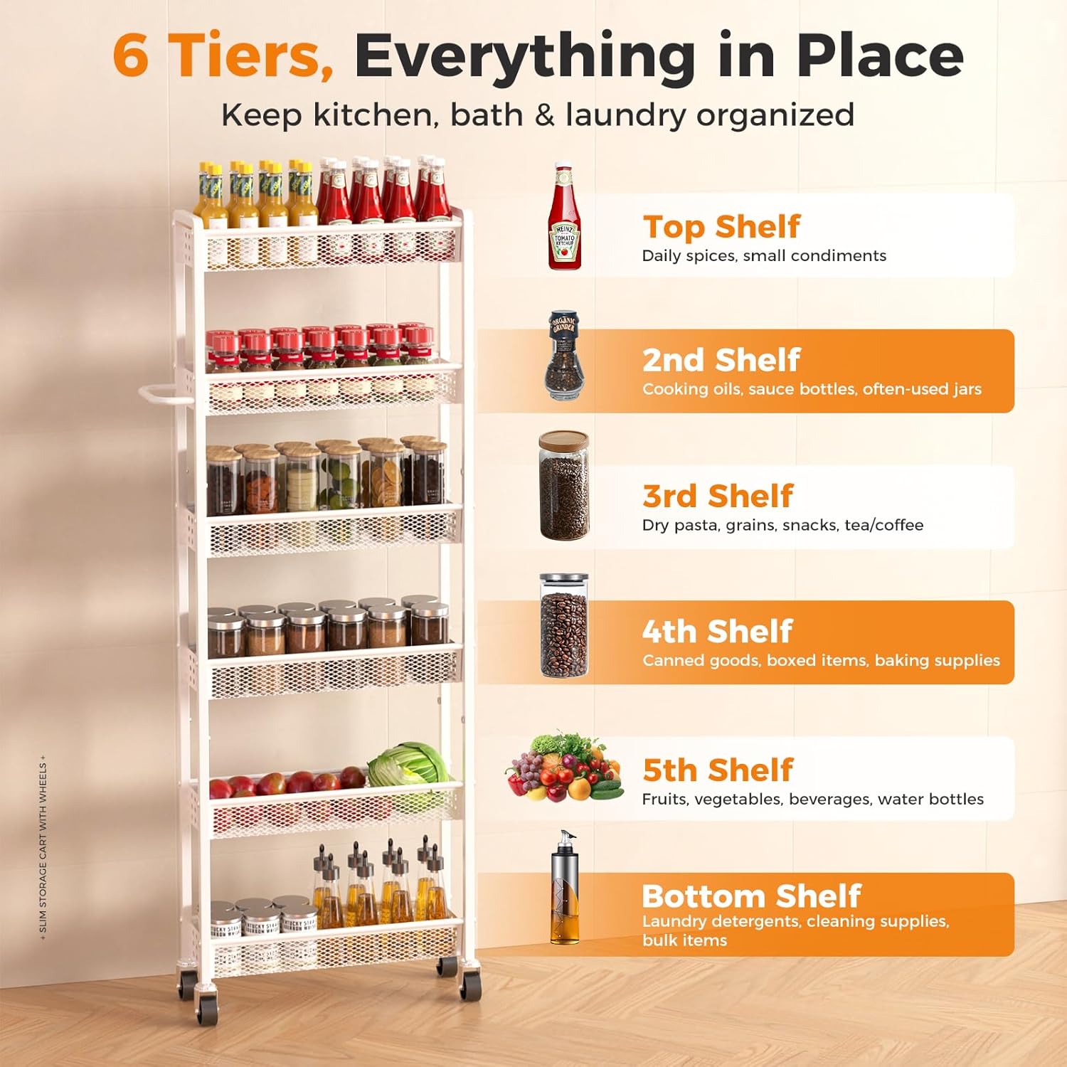 6 Tier Slim Storage Cart with Wheels + 2 Pack Cable Management Under Desk Tray