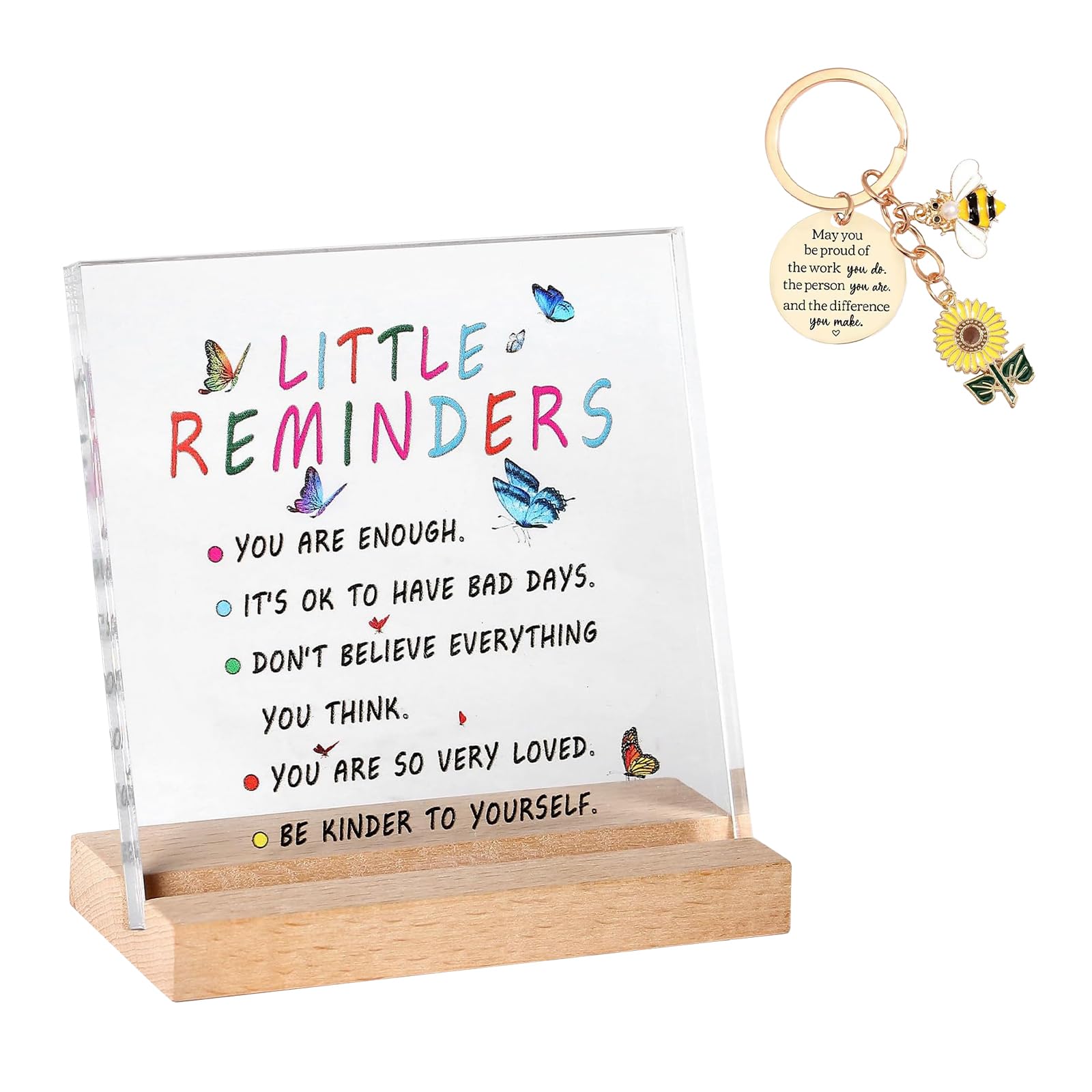 Genyoung Women's Multicolored 2Pcs Mental Health Gifts Set, Acrylic Plaque With Inspirational Keyring, Cheer You Up, Proud Of You Reminder, Positive Affirmation Decor For Men Friends Office Coworkers