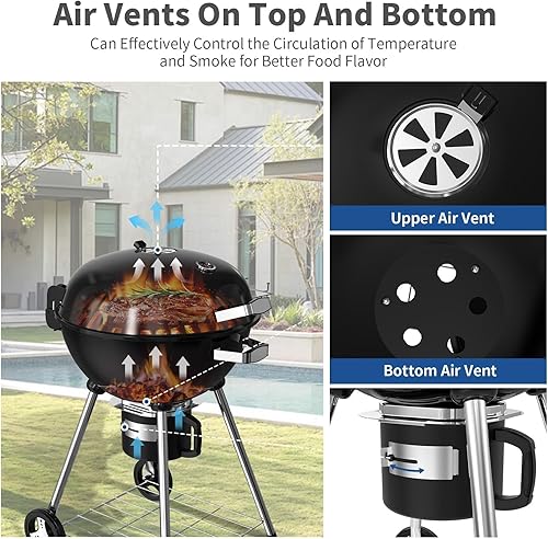 Miniatura 5 de Parrilla de carbón portátil de 22.5 pulgadas, ahumador de barbacoa resistente con termómetro integrado y atrapador de cenizas extraíble enjuagable