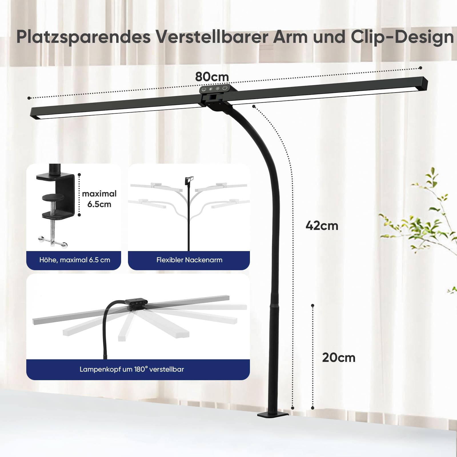 vatato Doppelkopf LED Schreibtischlampe mit RGB,24W Dimmbar Schreibtischleuchte mit Fernbedienungen, Klemmbar Tageslichtlampe mit Stufenlose Dimmung&Farb,Büro Tischlampe für Home&office (Schwarz)