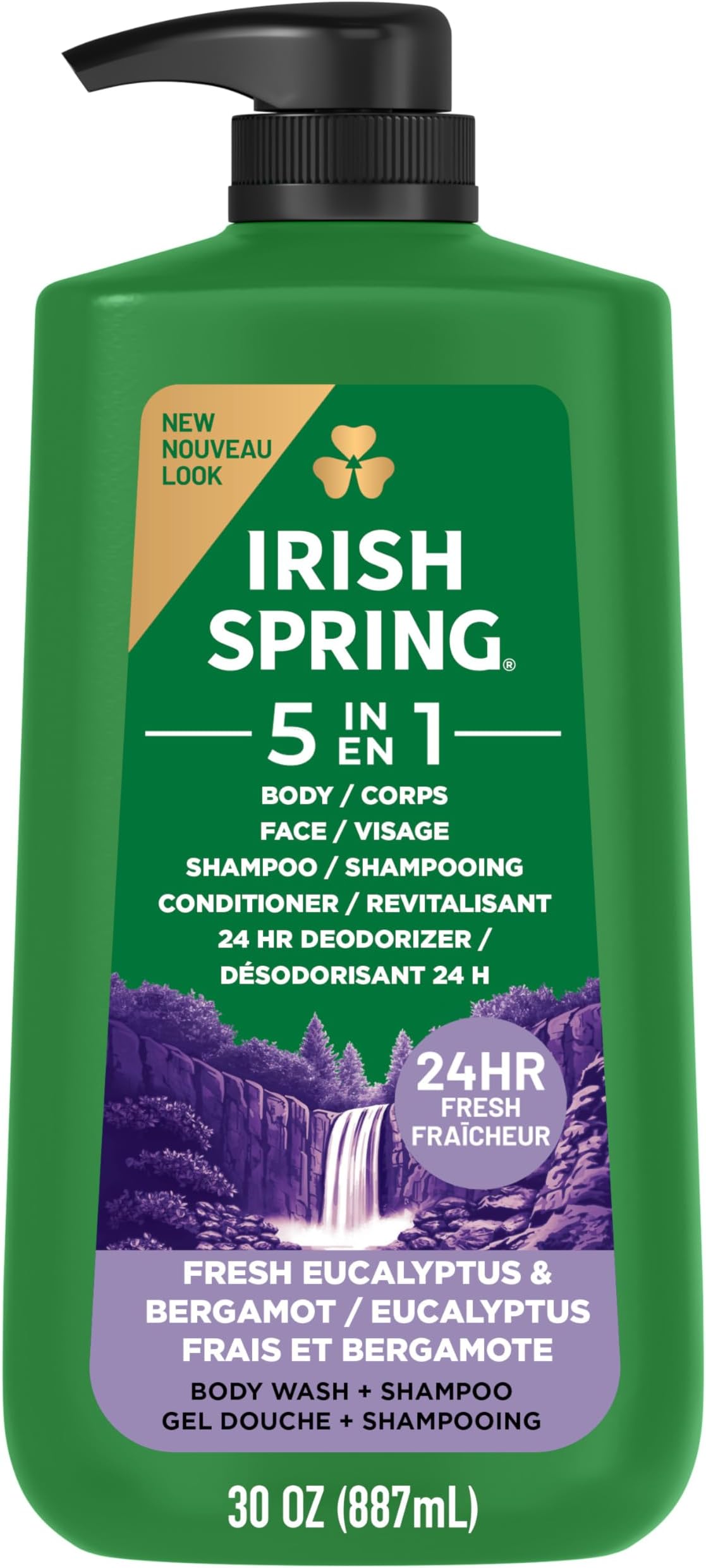 Irish Spring 5 in 1 Body Wash for Men, Men's Body Wash, Smell Fresh and Clean for 24 Hours, Conditions and Cleans Body, Face, and Hair, Made with Biodegradable Ingredients, 30 Oz Pump