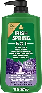 Irish Spring 5 in 1 Moisturizing Body Wash for Men, Shampoo, Conditioner, Body and Face Wash, and 24 Hour Deodorizer, Paraben-Free, Fresh Eucalyptus & Bergamot Scent, 20 fl oz