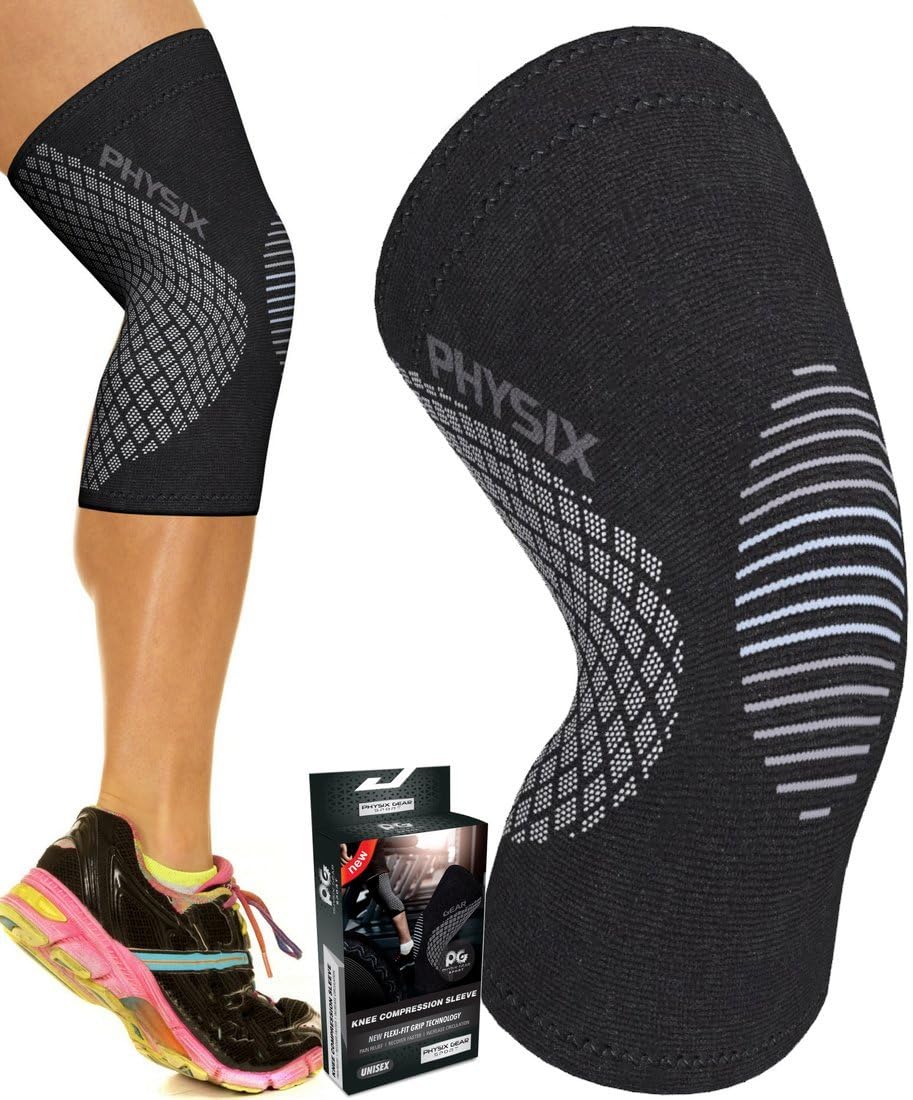 Physix Gear Knee Support Brace - Premium Recovery & Compression Sleeve for Meniscus Tear, ACL, MCL Running & Arthritis - Best Neoprene Stabilizer Wrap for Crossfit, Squats & Workouts (Single Grey L)