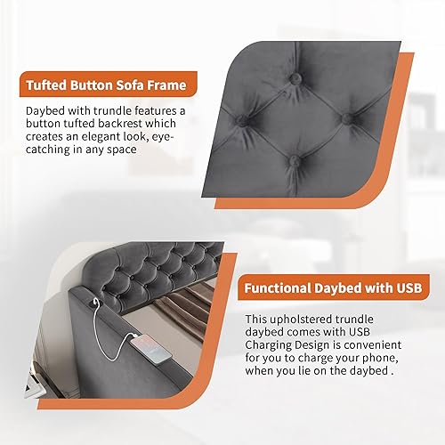 Miniatura 7 de Sofá cama con nido, cama de día tapizada de terciopelo tamaño individual, marco de sofá cama de día con nido enrollable y puerto USB, no necesita