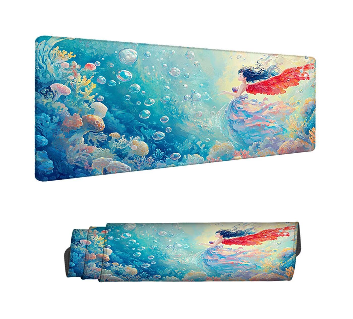 Podkładka pod mysz do gier XXL 1000 x 500 x 3 mm, syrenka duża podkładka pod mysz do gier XXL z wodoodporną i antypoślizgową gumą, podkładka pod mysz oceanową, ręczna podkładka pod mysz do biura, do