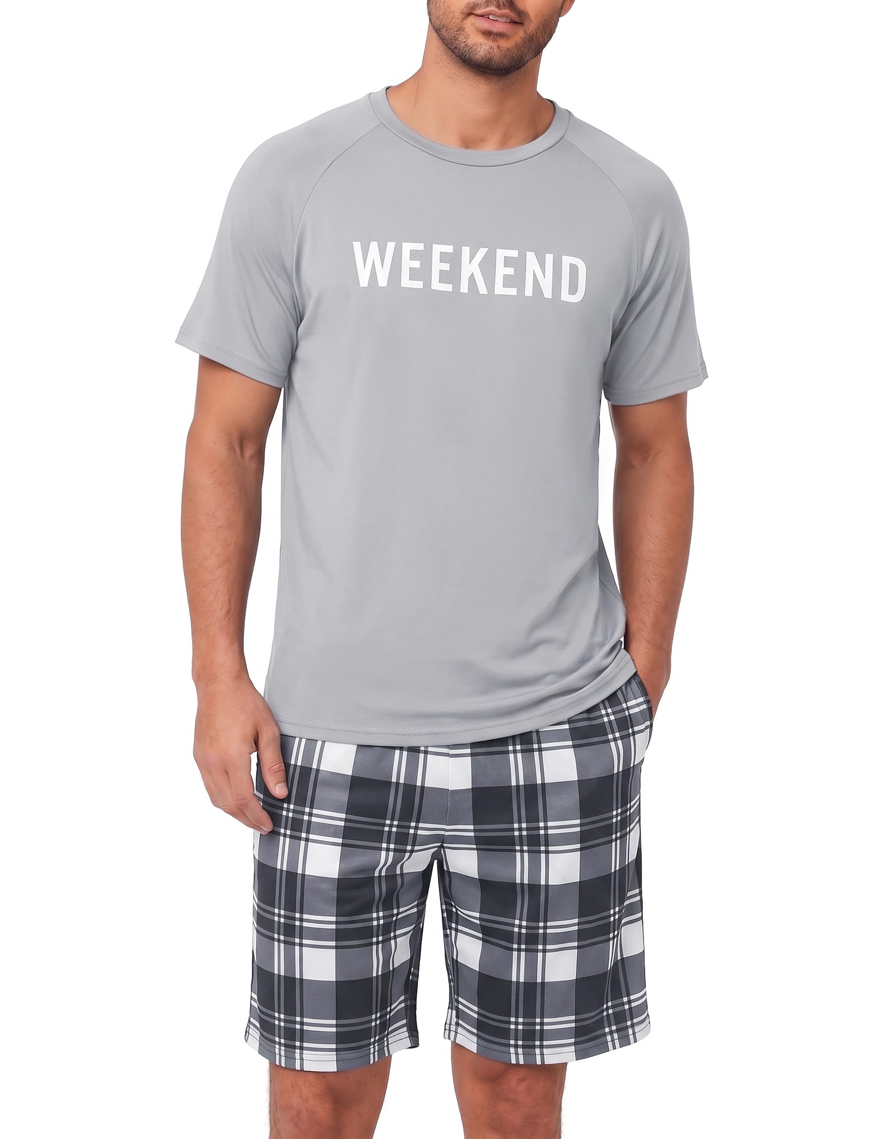 Marvmys Schlafanzug Herren Kurz Sommer Pyjama Set aus Atmungsaktiver Baumwolle Zweiteiliger Kurzer Nachtwäsche Männer Kurzarm T-Shirt und Kurze Hose mit Taschen Loungewear S-3XL