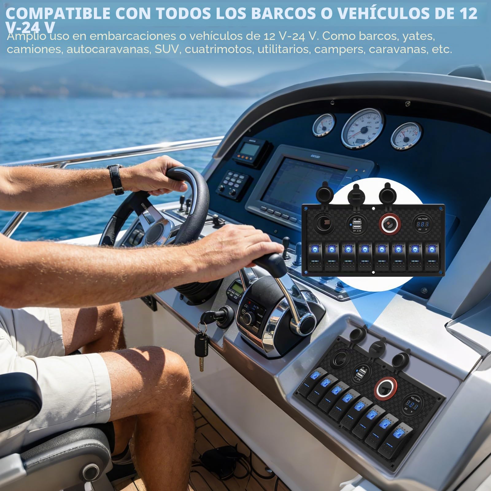 Geloo Panel de Interruptores Basculantes de 8 Pandillas, 4 en 1 Multifunción Impermeable Panel de Interruptores de Palanca para Coche, Barco, Camión, Caravana, Vehículos (Blue)