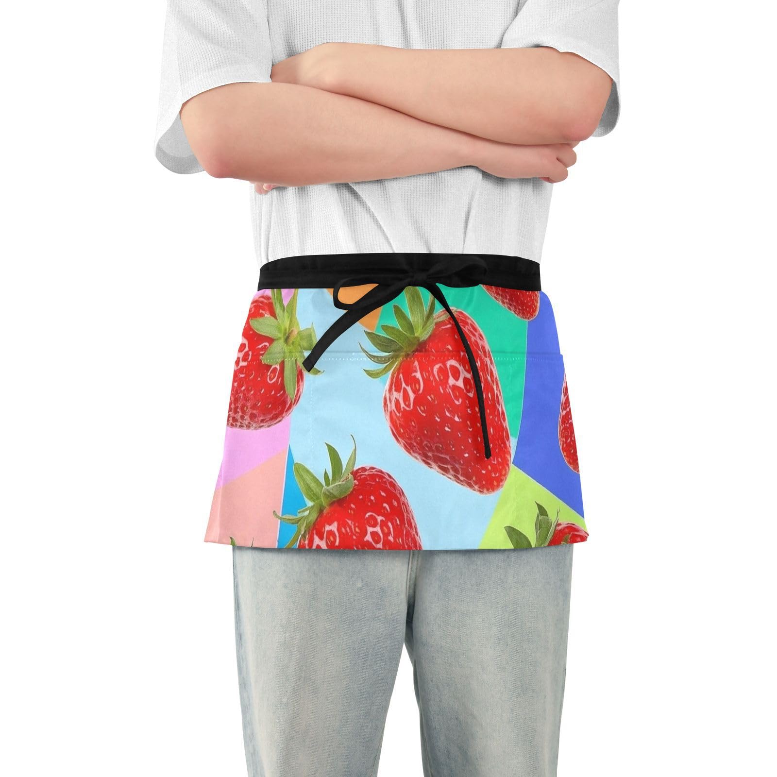 FASHON&FASCIN Server Apron with Pockets Waist Aprons Half Waitress Apron Strawberry Print for Gardening Restaurant,Multi10