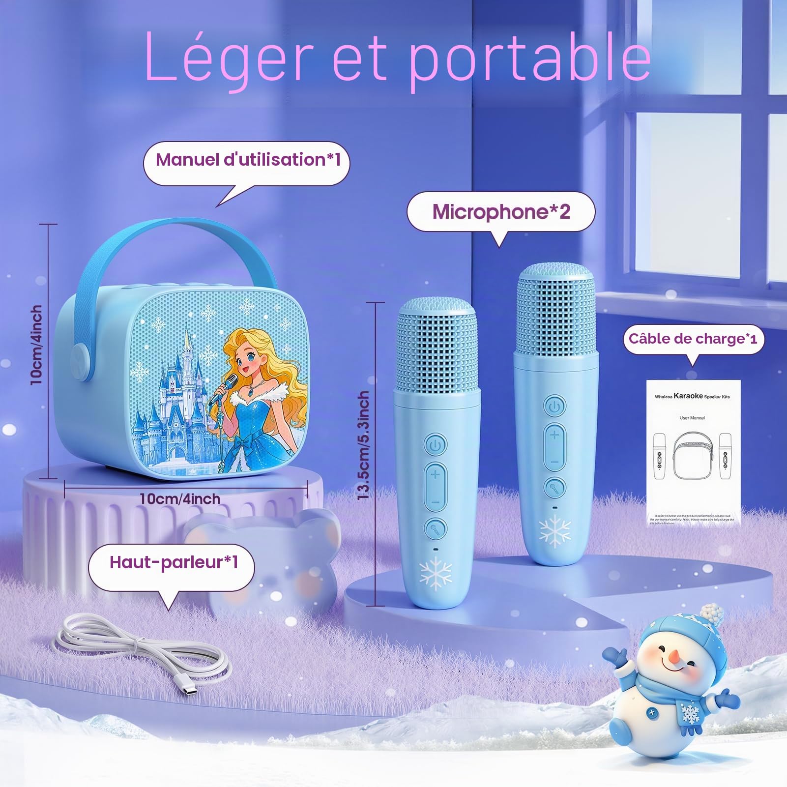 Braxel Micro Karaoke Enfant, Kit Karaoké Bluetooth Thème La Reine des Neiges avec 2 Micros, Effets Vocaux et Lumières LED, Haut-Parleur Portable, pour Filles 3-12 Ans (Bleu)