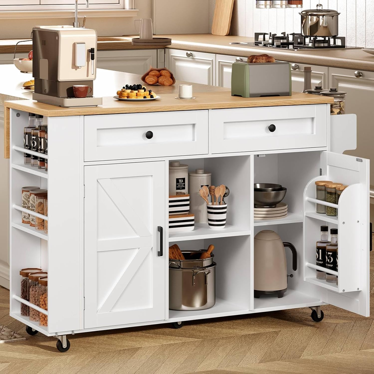 HOOBRO Kitchen Island on Wheels, Kitchen Storage Island with Power Outlet & Drop Leaf, Island Table with Open Shelves, 2 Drawers, for Kitchen, White and Natural WN35UZD01