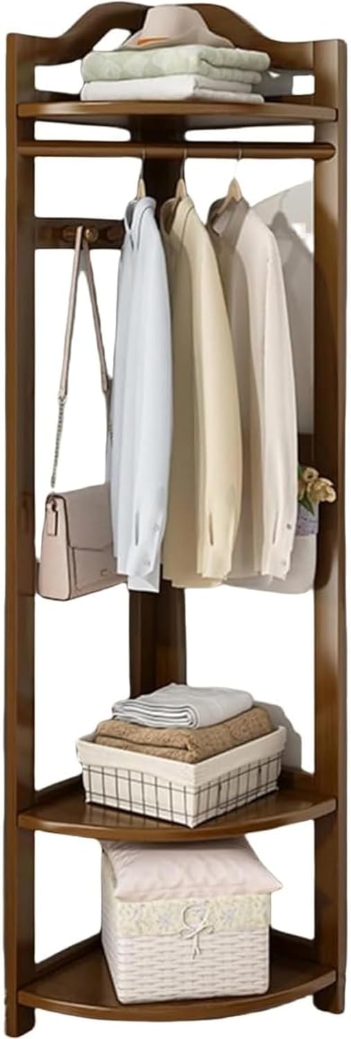 木製 ハンガーラック 棚付き 省スペース スリム 背が高い コーナー対応 多機能 衣類収納 クローゼット・寝室・玄関向け 組み立て簡