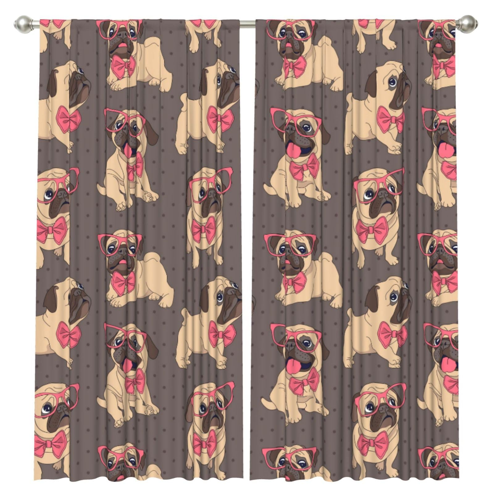 InOmak Cartoon Pug Puppy In A Glasses And In A Bow Tie, 2 Panels Window Curtains 52 x 84 Inch Blackout Curtains for Living Room Bedroom