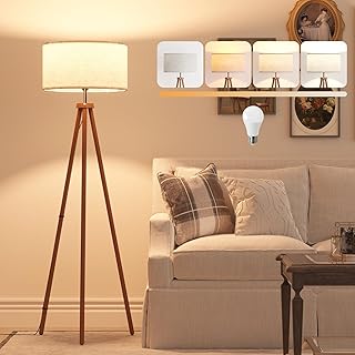 LiteHistory Wood Tripod Floor Lamps for Living Room, Bedroom, and Office,Standing lamp with Beige Linen Shade, 12W Three-Color Bulb Included, Pull Chain Switch, Tall lamp for Mothers Day Gifts, Brown