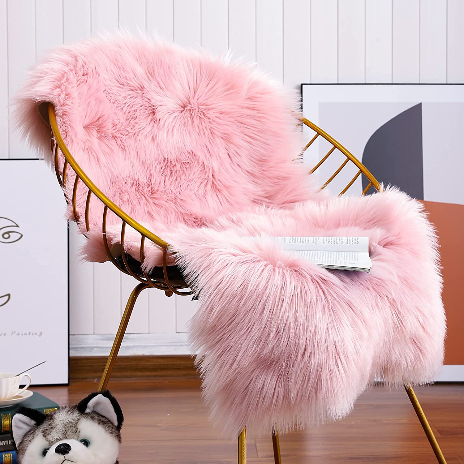 Tapis en fourrure synthétique imitation laine rose 75x120 cm de salon
