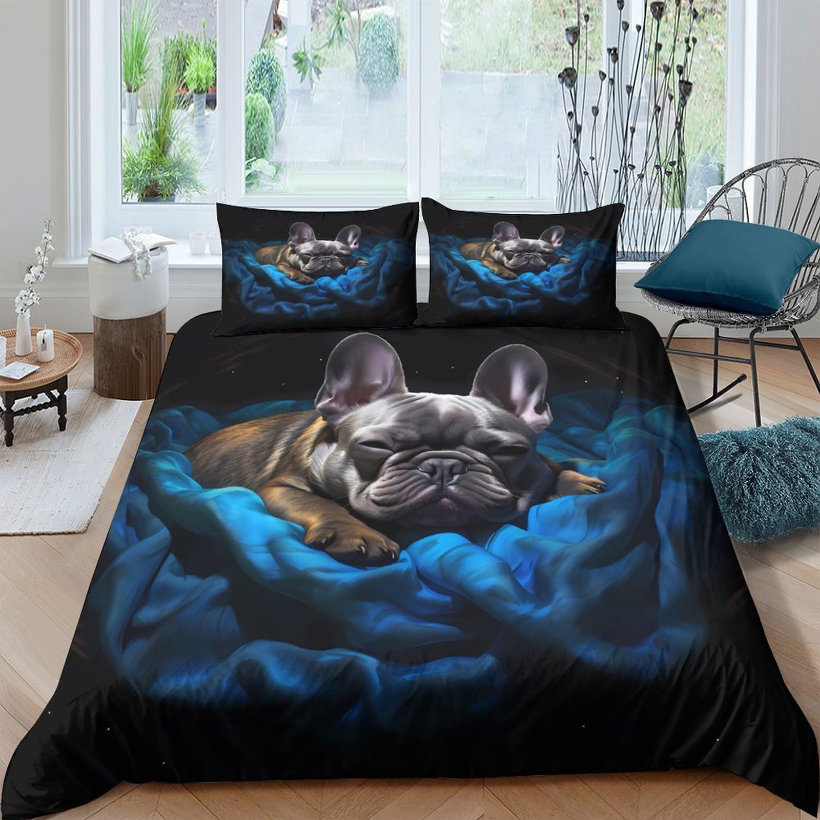 Ctjqhvkz Style-5 3D Printed French Bulldog Fitted Sheet Microfiber Soft Blue Artistic Bed Cover For Bedroom Dorm Mattress Protection Decor Single（135X200cm）