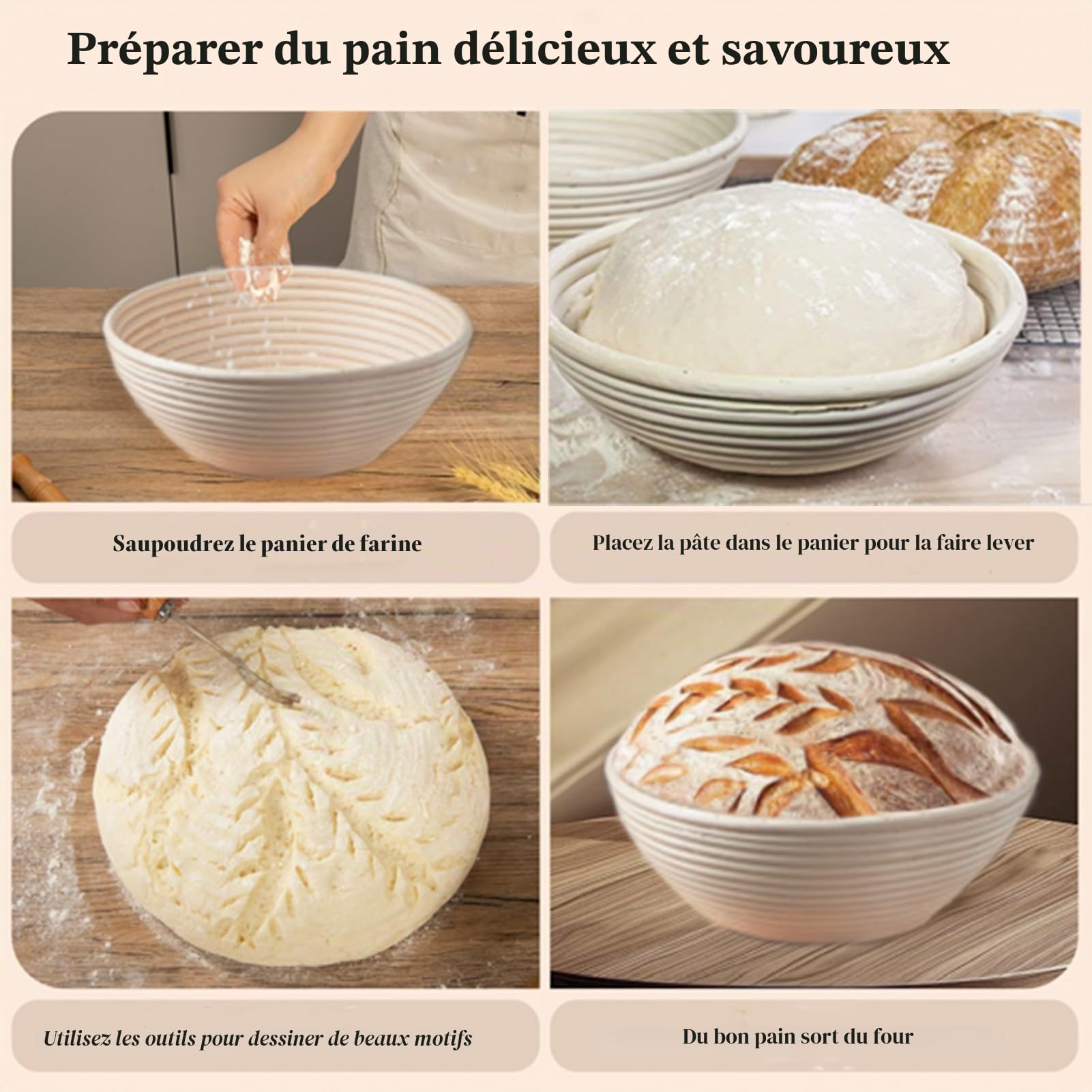 2 pièces Banneton pour Pain Ronds de 23 cm, Ensemble de Paniers de Fermentation, Boulangerie, 100% Rotin Naturel, Banneton à Pain pour la Cuisson du Pain