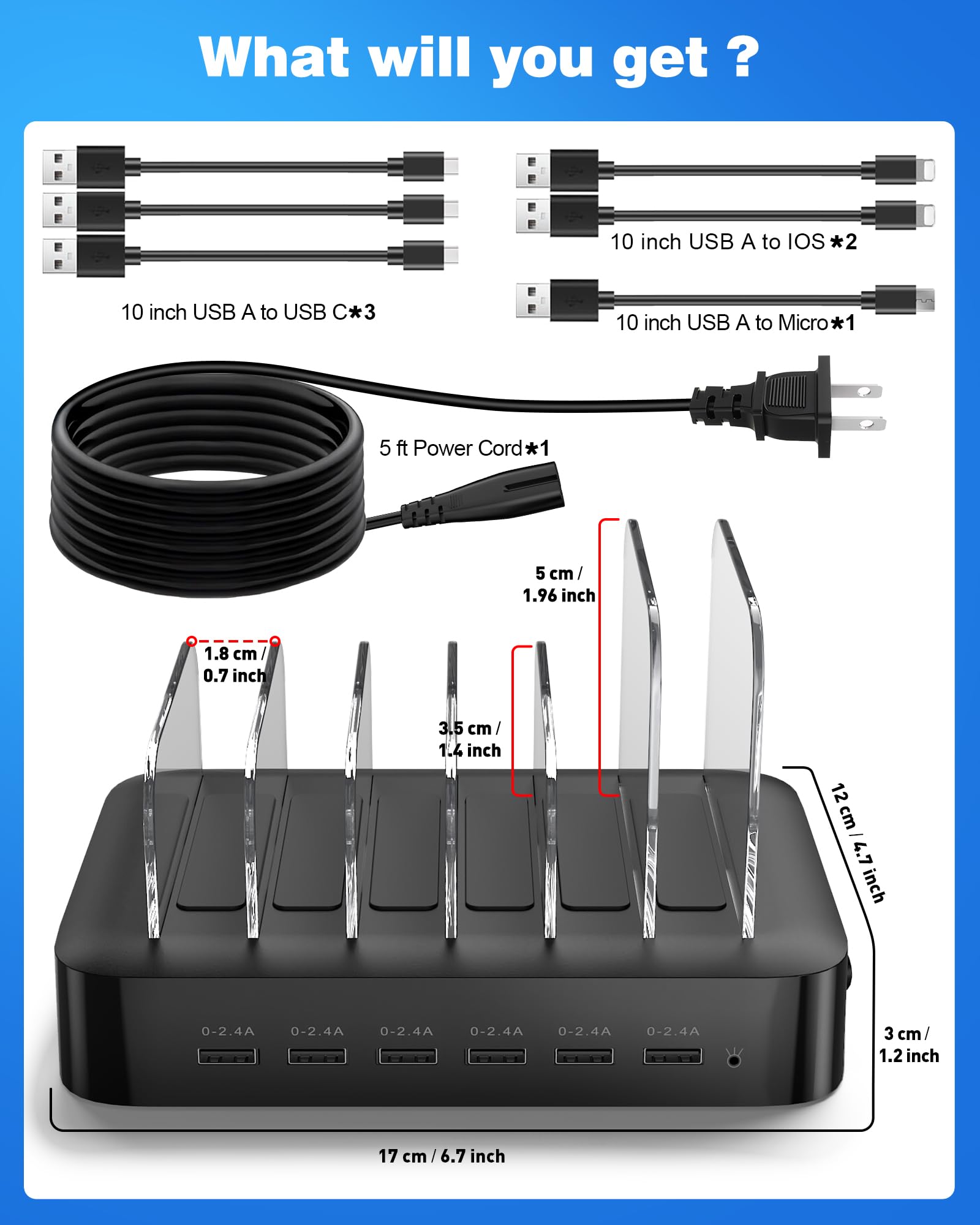 MSTJRY Charging Station for Multiple Devices : 6 Port USB Charger Stations - Family Multi-Device Organizer Charging Dock - Designed for iPhone iPad Android Cell Phone Tablet and Electronic, Black