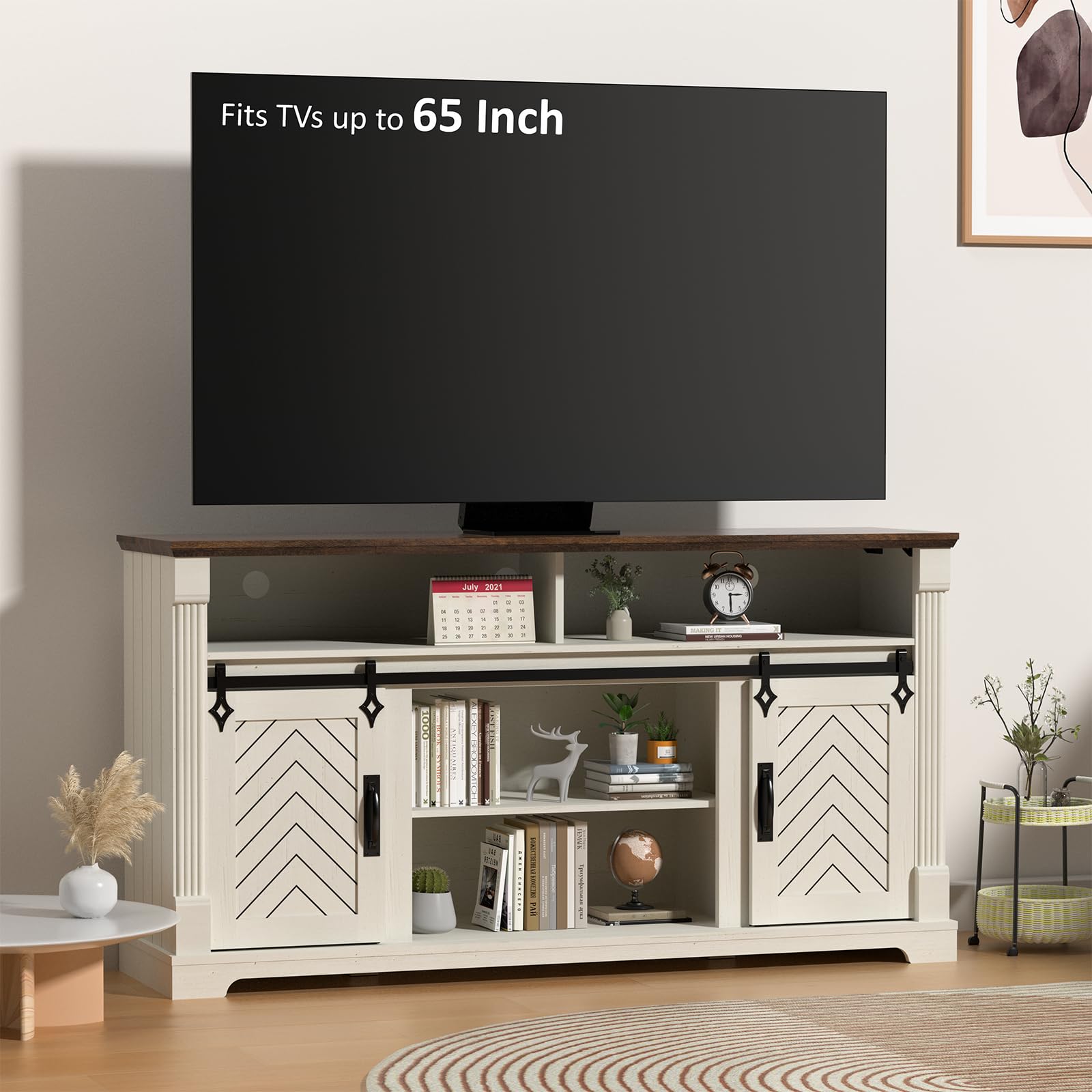 Minifeel Farmhouse TV Stand for 65+ Inch TV, 31" Tall Entertainment Center with Sliding Barn Door, Rustic TV Stands for Bedroom with Adjustable Shelf,