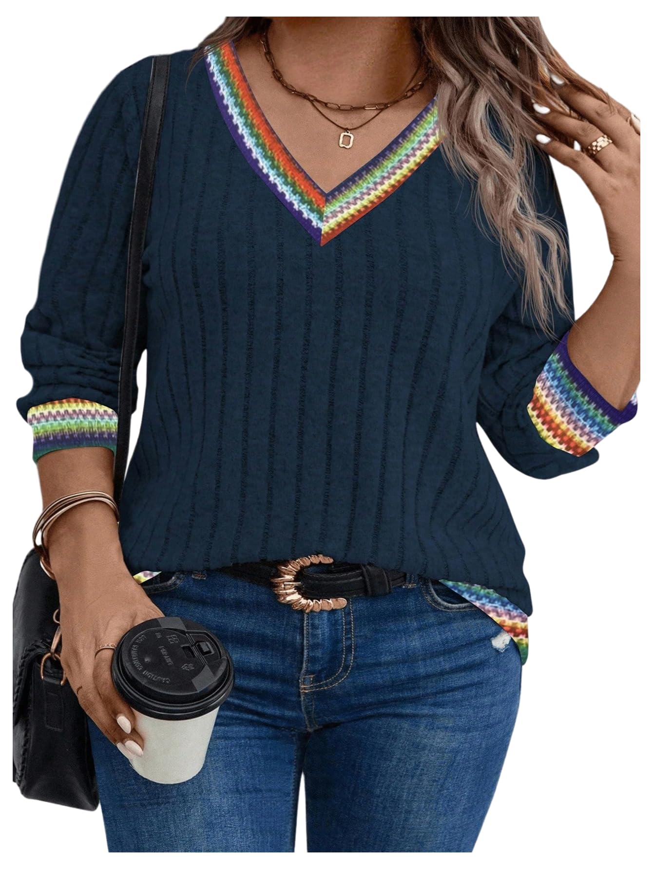 Womens Striped Sweater Fall Cozy Sweater Long Sleeve Contrast Binding V Neck Loose Knit Pullover Tops