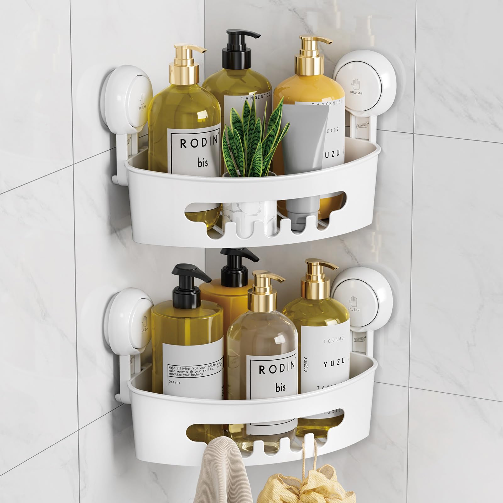 Photo 1 of LEVERLOC Corner Shower Caddy Suction Cup, shower shelves suction cup, 2 Pack Basket Powerful Bathroom, Waterproof & Oil-proof Organizer for Kitchen, No-Drilling Removable