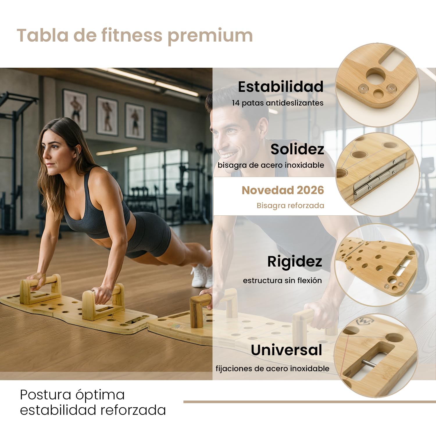 Amplitude – Tabla de flexiones/Push up board de Madera – Tabla para hacer flexiones – Gimnasio en Casa – con Bandas Elásticas + Guía de Entrenamiento 30 en 1