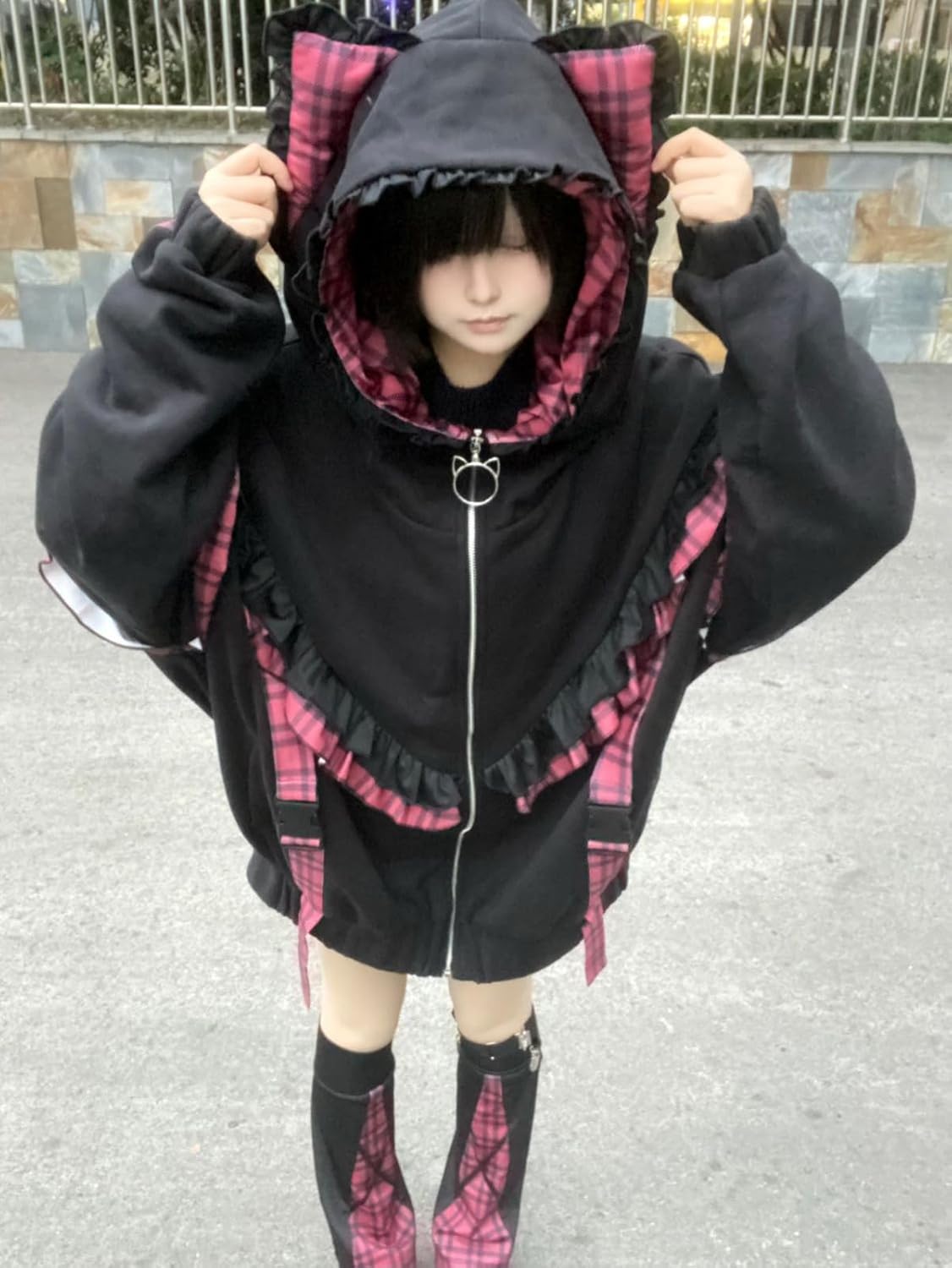 [ZYOOFOV] 地雷系 ジャケットパーカー レディース 厚手 長袖 前開き 猫耳 チェック柄 ファスナー 耳付き リボン フリル