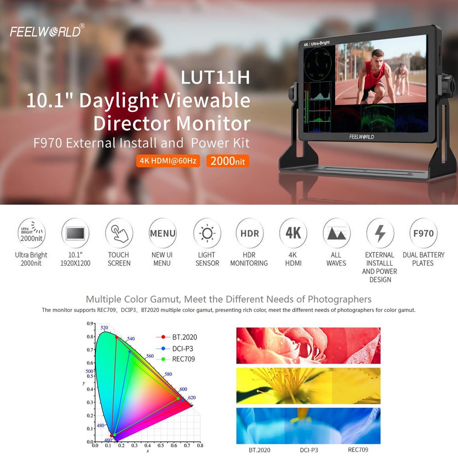 FEELWORLD フィールワールド LUT11H 10.1インチ超高輝度 2000nit DSLR カメラフィールドモニタータッチスクリーン 4K HDMI F970 外部電源およびインストールキット FEELWORLD LUT11H 10.1 Inch Ultra Bright 2000nit Camera Field