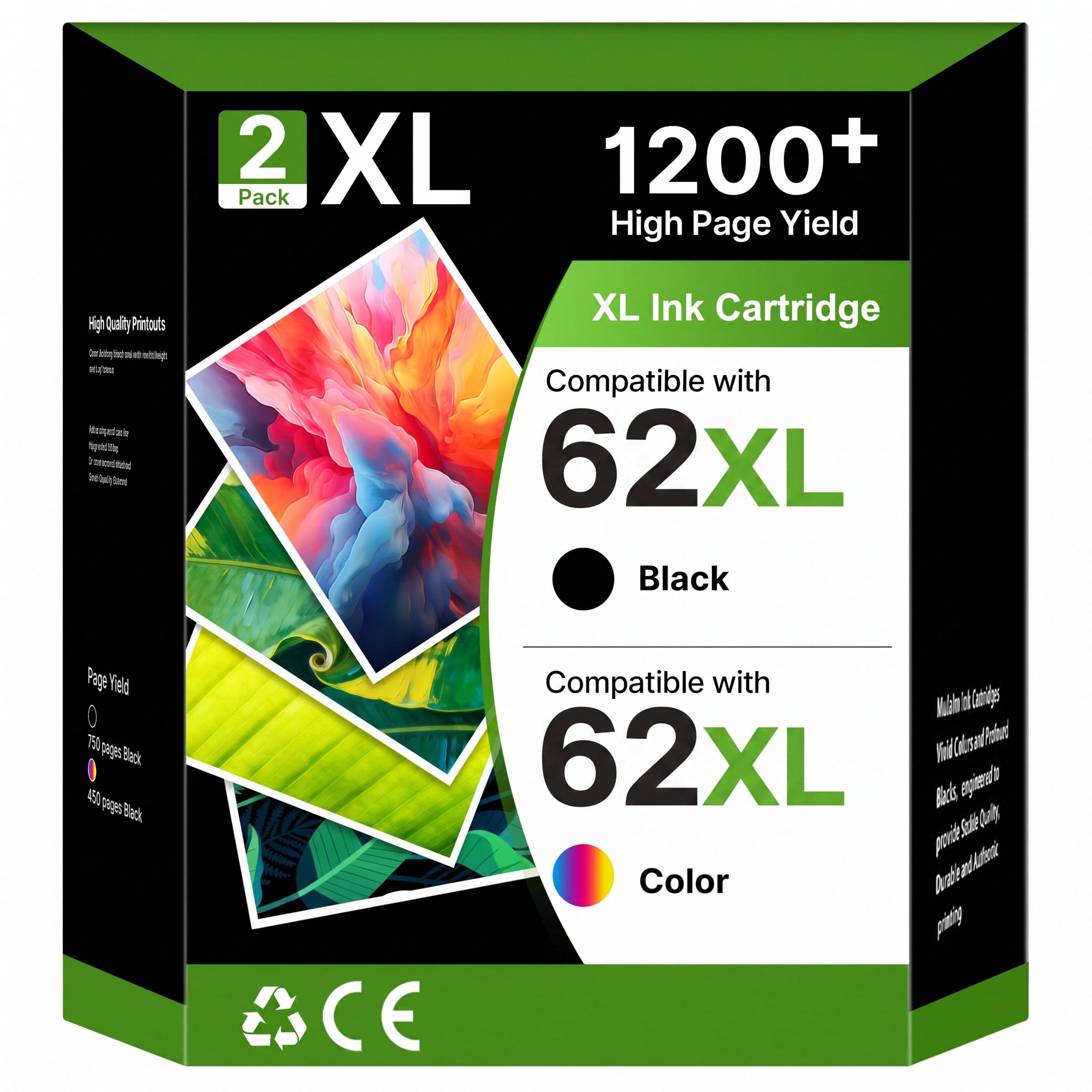 62XL Ink Cartridge 1Black 1TriColour Replacement for HP 62XL Ink Cartridges