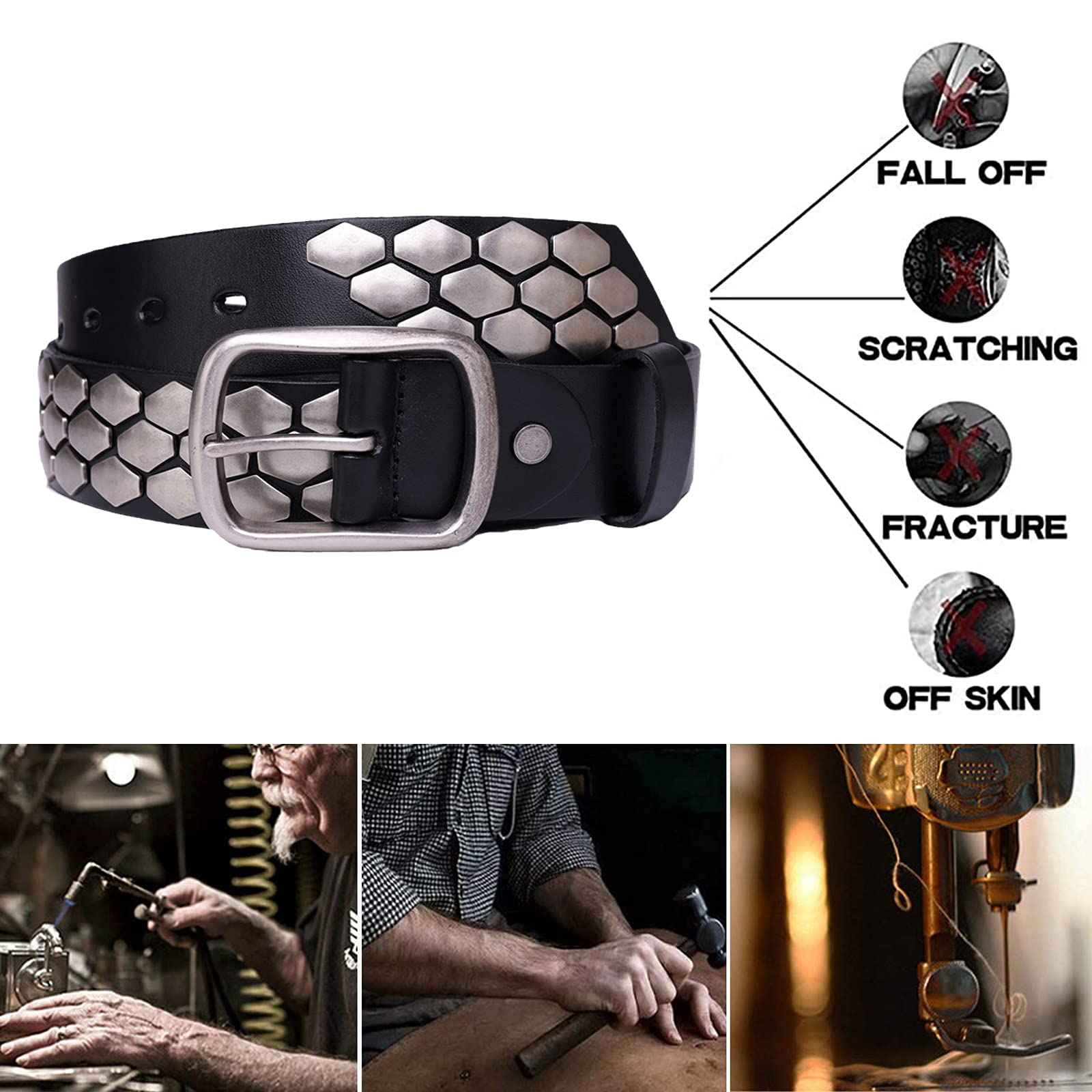 3 Reihen Metall Silber Besetzt Gürtel für Herren Damen 105cm - 125cm Länge Punk Rock Style Echtleder Nietengürtel Geeignet für alle Kleidungsstücke,Schwarz,120CM