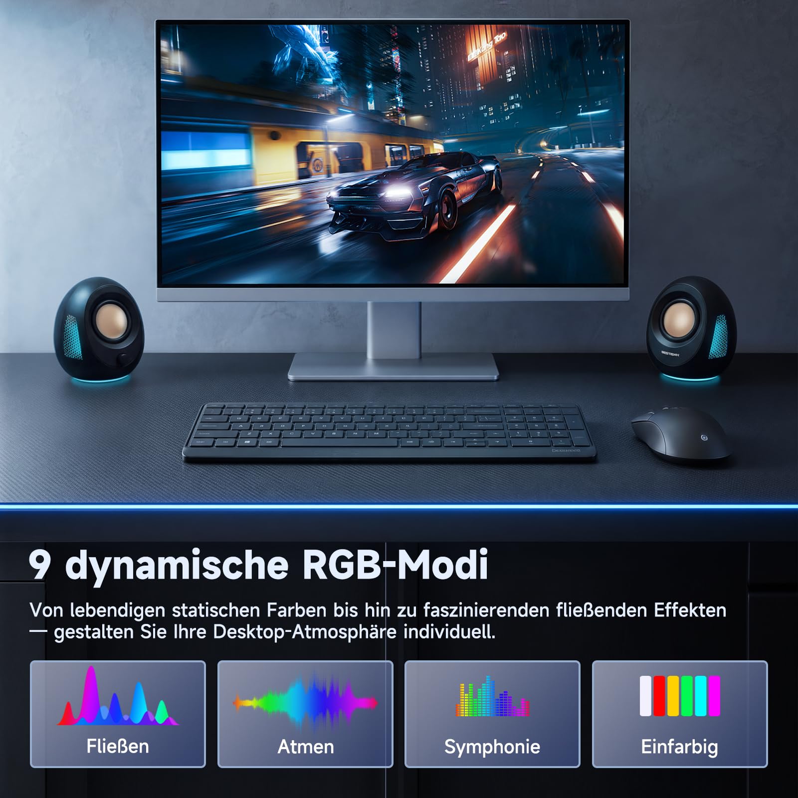 BESTISAN PC-Lautsprecher für Desktop-PC, USB-C/USB-betrieben, Bluetooth-Computerlautsprecher, farbenfrohe LED-Beleuchtung, 20 W