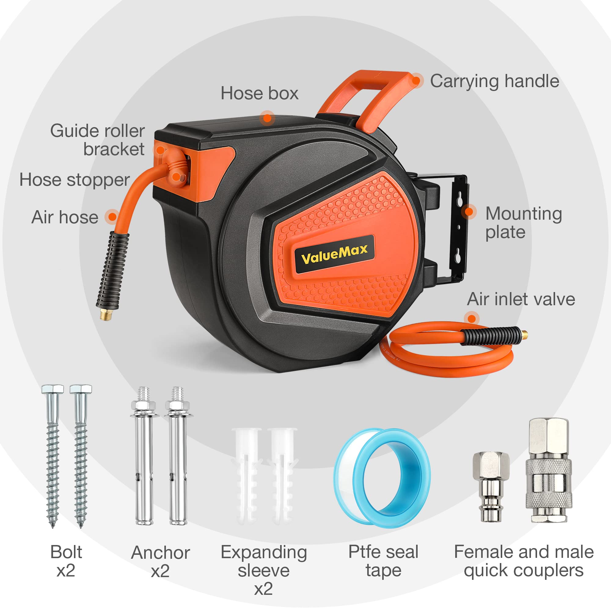 ValueMax Druckluftschlauchtrommel Schlauchtrommel Automatik, Schlauch 15m+1,5m, 1/4" Anschluss, 180° Schenkbar, Schlauchaufroller Einziehbare Luftschlauchtrommel Max. 300 PSI/20 Bar
