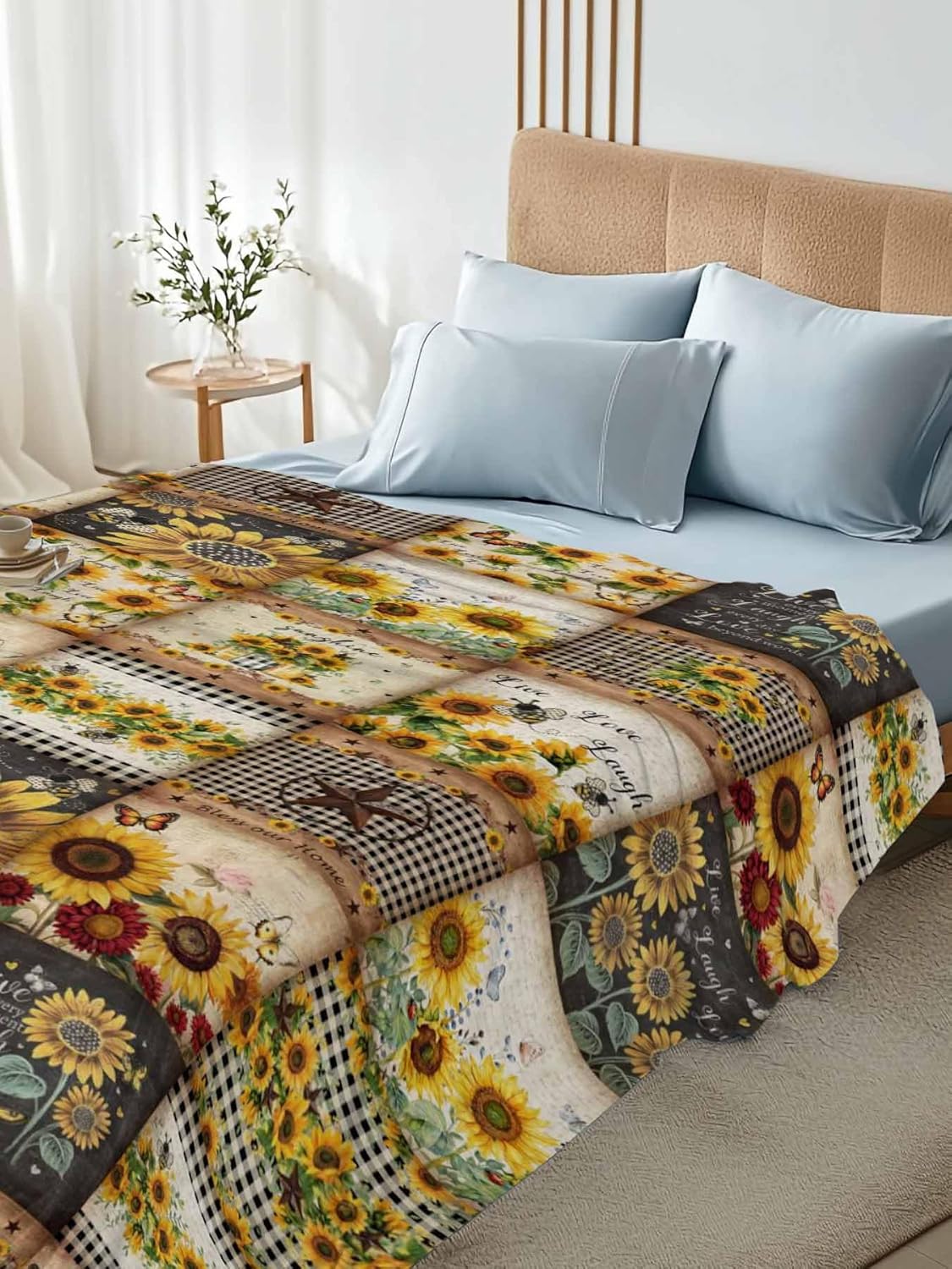 Top Sheet Full Bedding Flat Sheet Only, Vintage Country Pastoral Sunflower Plaid Microfiber Bed Sheets Soft Breathable Bedding Flat Sheets, Yellow Brown Hotel Luxury Top Sheets