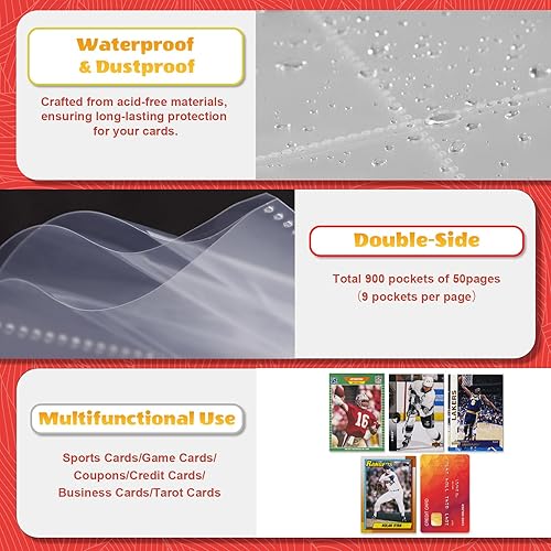 Miniatura 5 de GOPOKIU Carpeta de tarjetas con 9 bolsillos con 3 anillos en D, 900 bolsillos con capacidad para 50 fundas extraíbles, carpeta de colección de