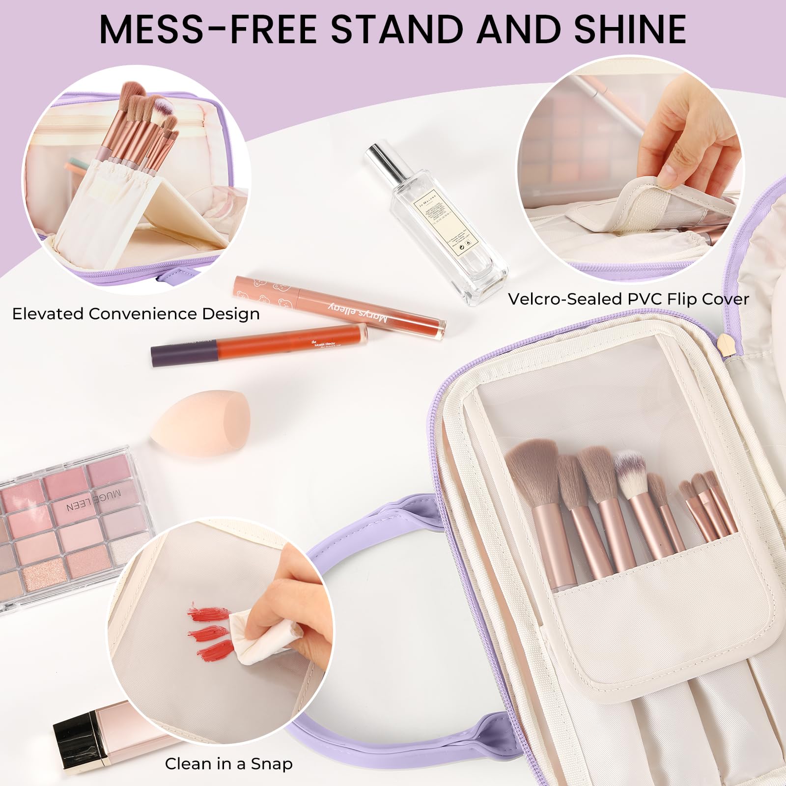Borsa da viaggio per il trucco da donna, alla moda, di grande capacità, aperta e piatta, organizer portatile, impermeabile, con grande apertura, porta pennelli verticale autoportante per un facile