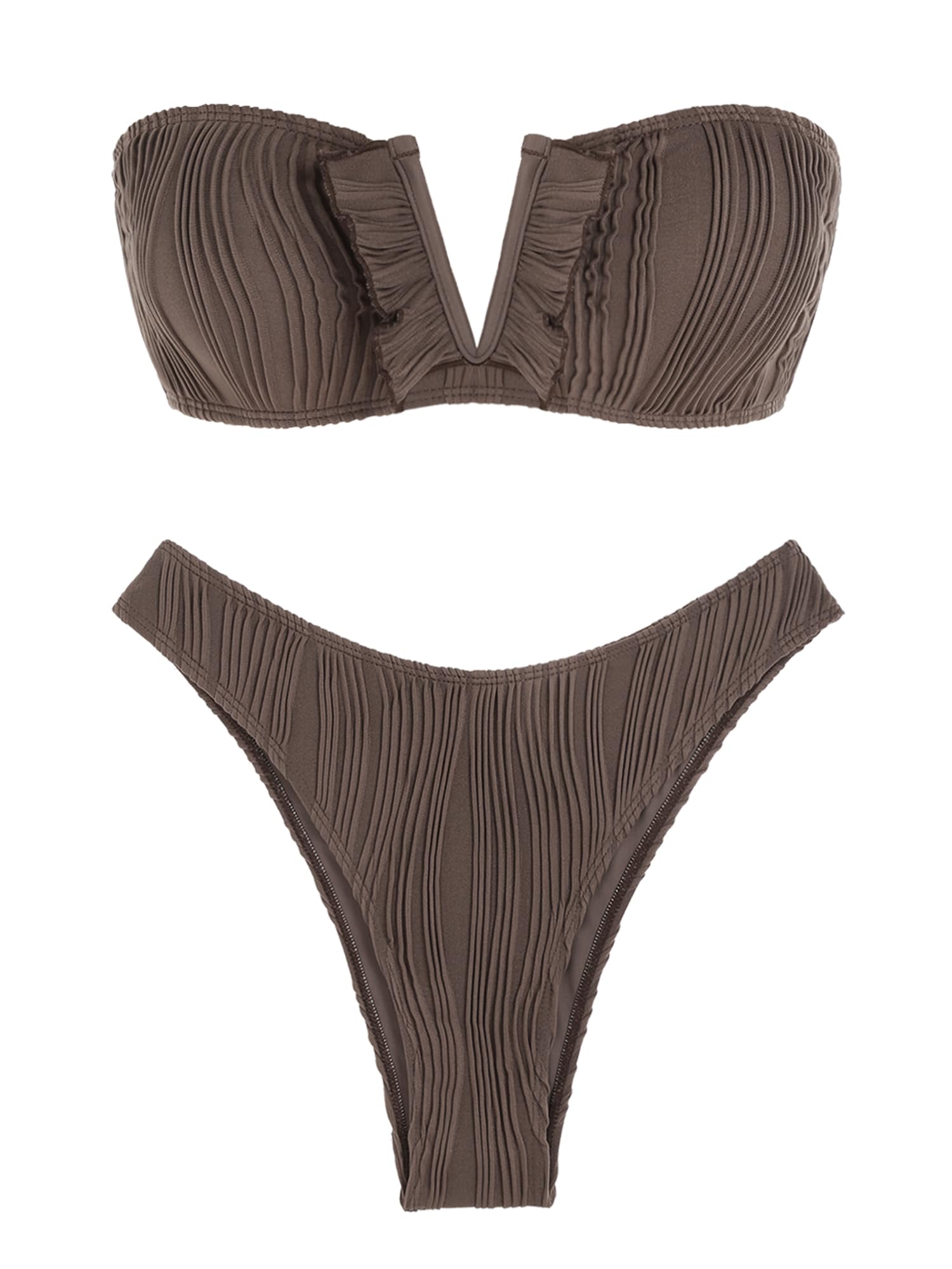 ZAFULWomen's Strapless Ribbed V Wired Lace Up Ruffle Tie High Cut Bandeau Swimsuits Bikini Set