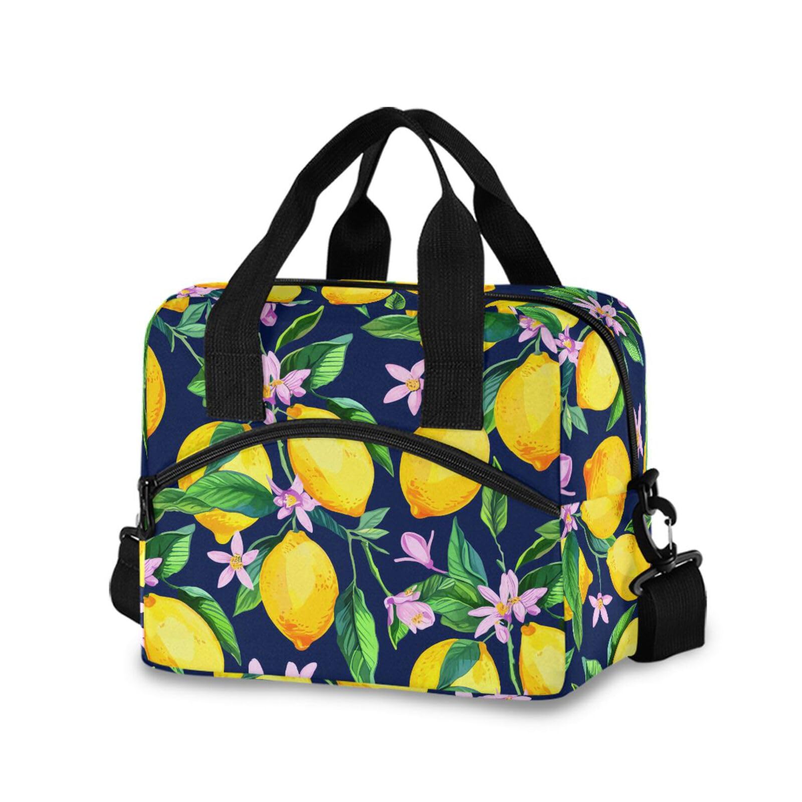 Sinestour Insulated Lunch Bag Reusable Cooler Lemon Blossom Leaves Blue Lunch Box Adjustable Shoulder Strap for Office Men Women
