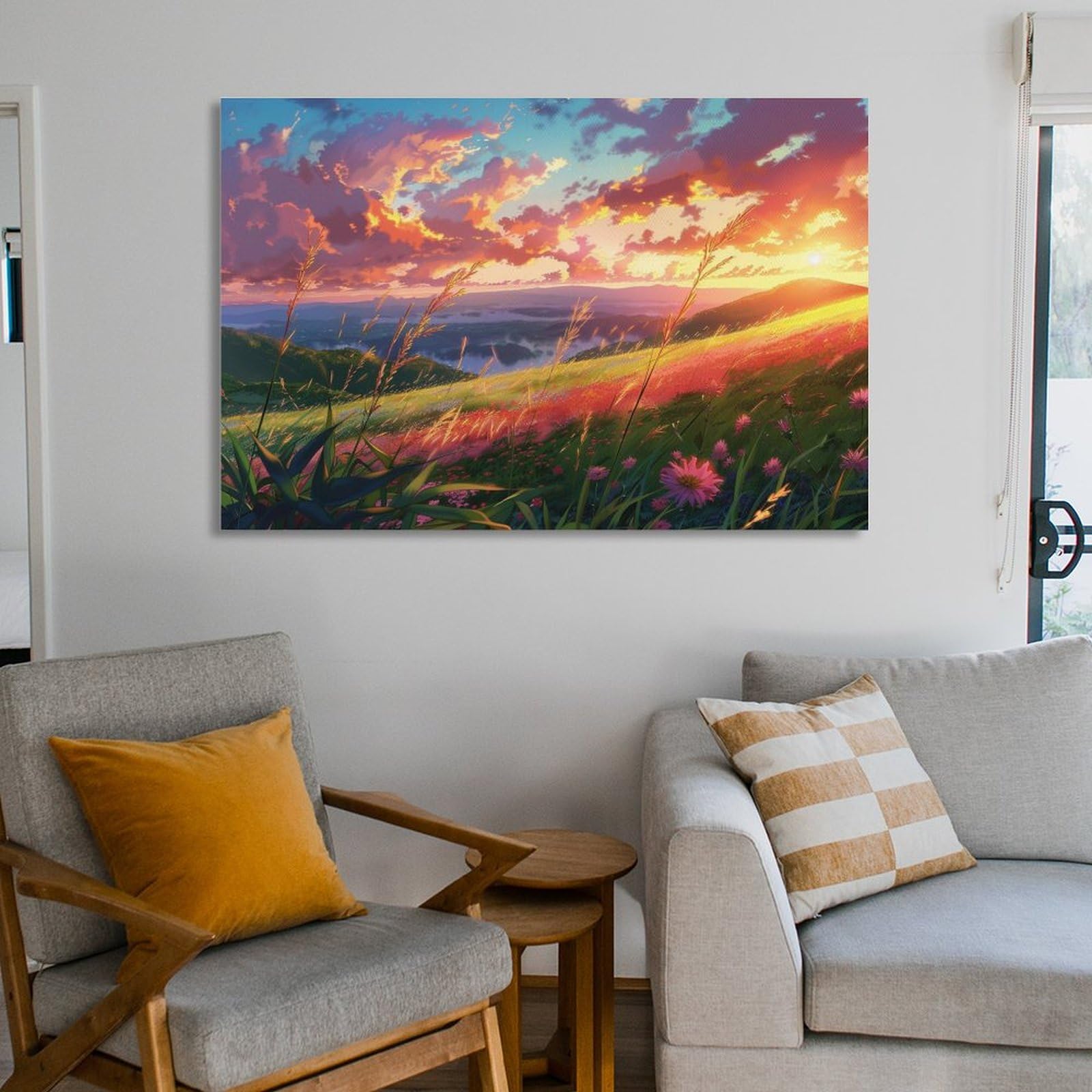 Amazon.co.jp: 絵画 丘の中腹の花畑に夕日が沈む アートパネル