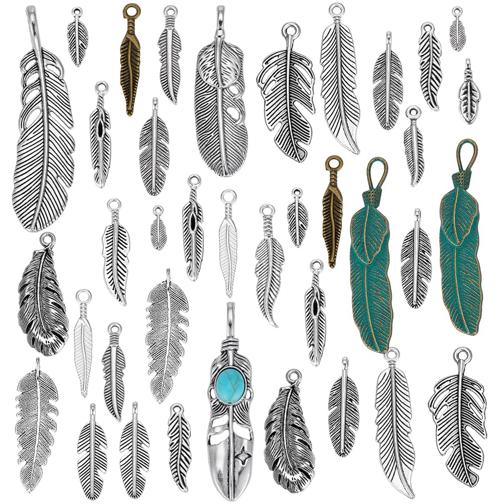 PH PandaHall 42pcs 23 Styles Alloy Feather Charms for Jewellery Making Dream Catcher Feather Pendants, Boho Native American Jewellery Charms Leaf Pendants for DIY Necklace Bracelet Keychain