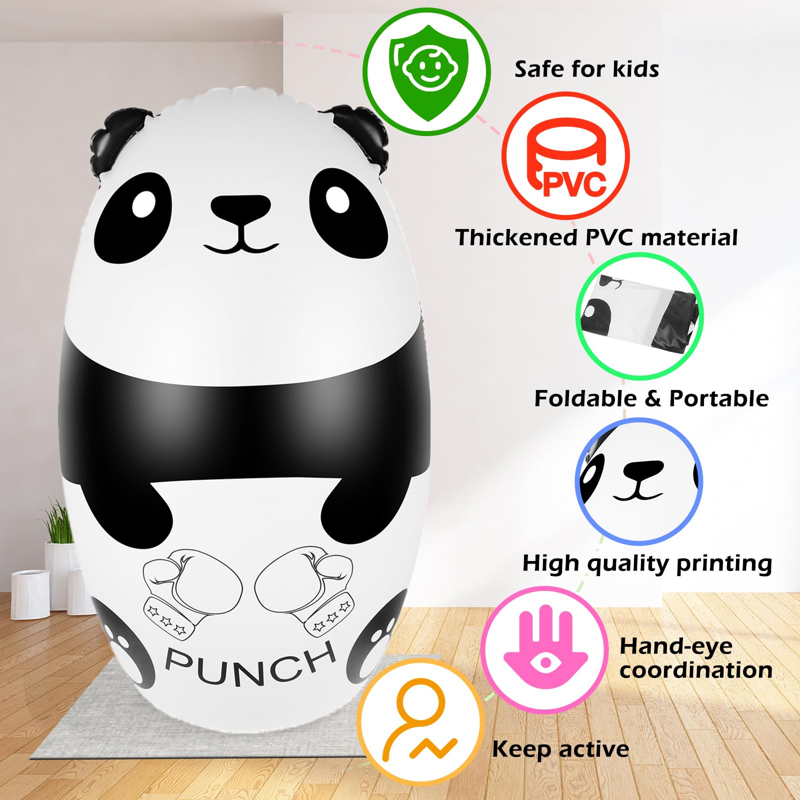 Dziecięcy worek treningowy z rękawiczkami bokserskimi, 120 cm, świecąca panda, nadmuchiwany worek treningowy z rękawiczkami treningowymi, zabawka dla dzieci, 3-9 prezentów dla chłopców i dziewcząt (3