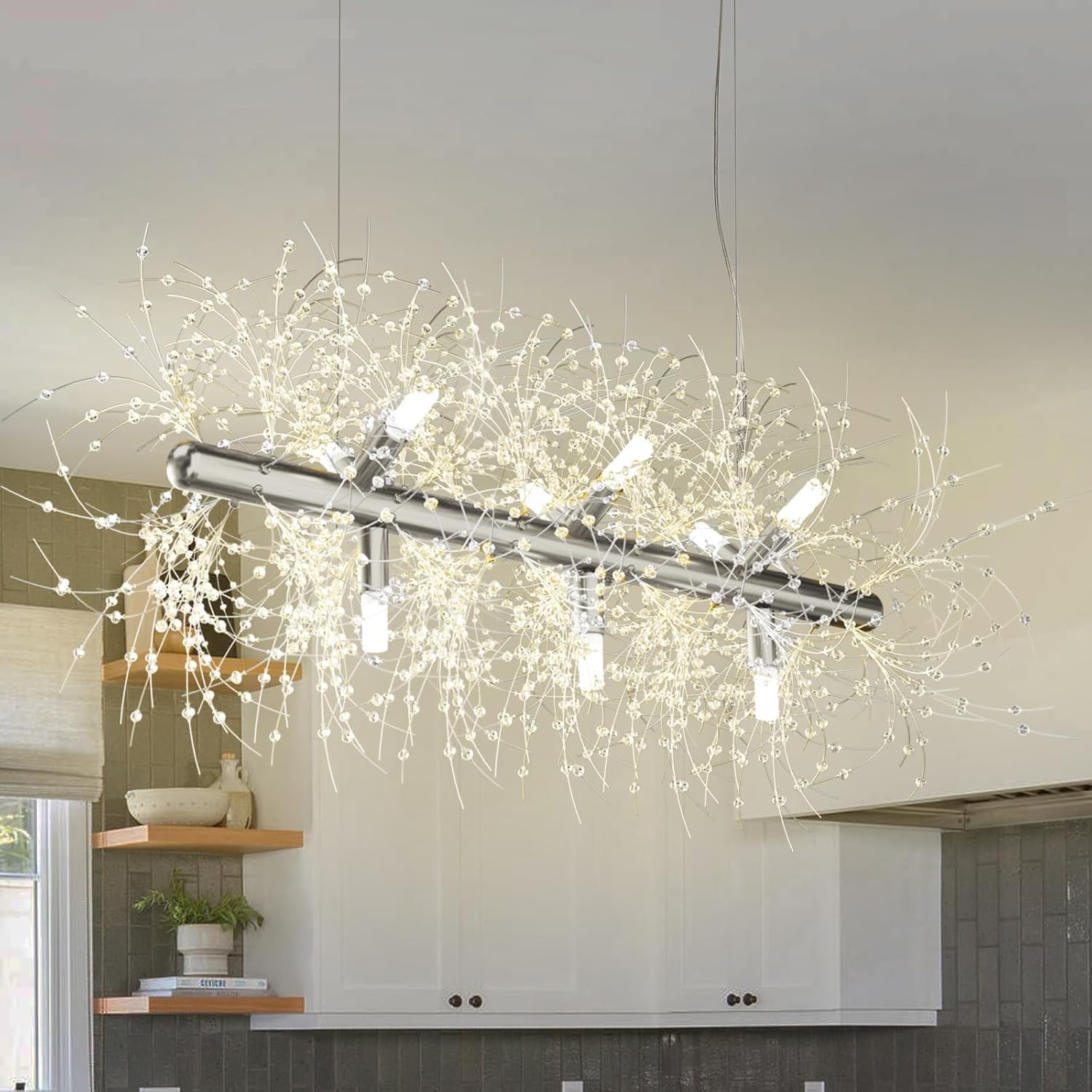KXEcoLife Modern 28" Crystal Firework Chandelier - 9-Light Hanging Fixture for Living Room Dining & Kitchen Island Stylish Silver Lighting Decor (YHG9)